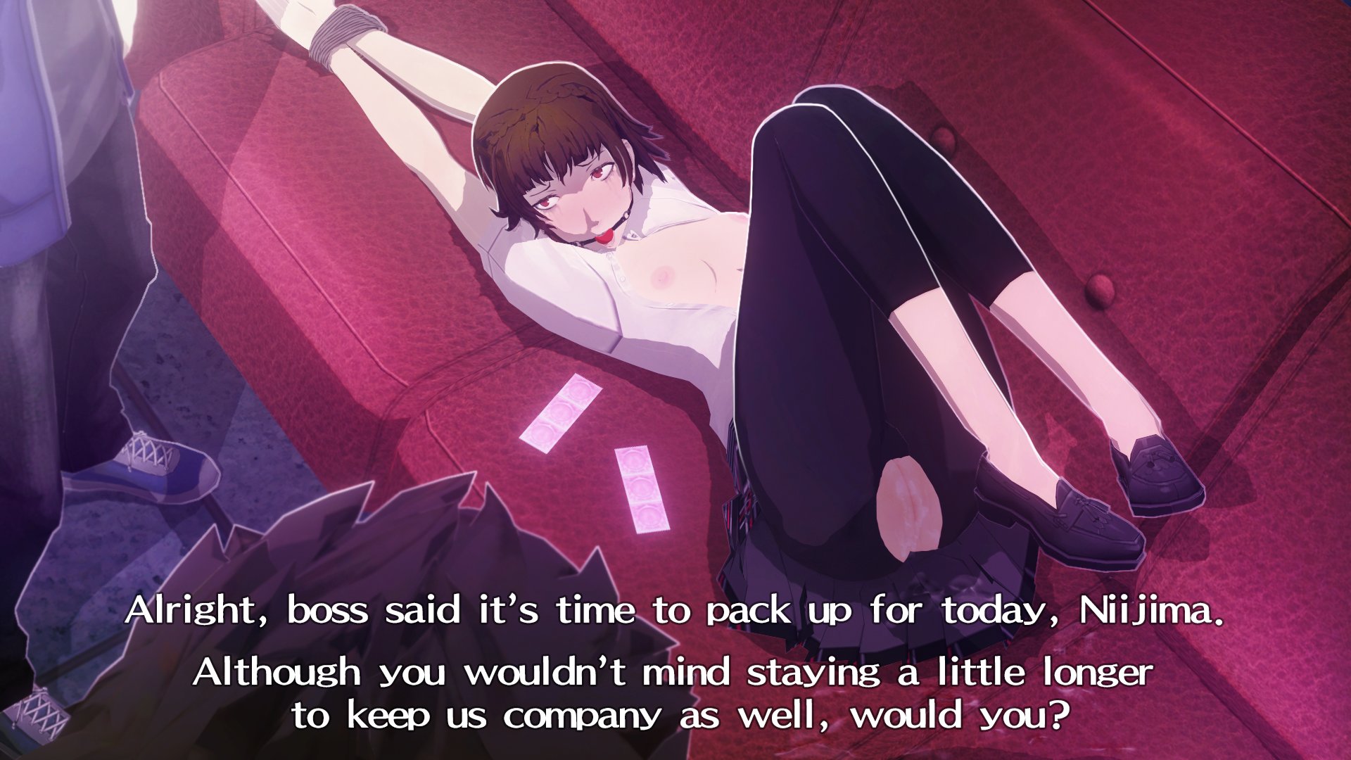 1girls, 2boys, after sex, arms behind head, ball gag, bdsm, bondage, brown hair, brunette, condom, condom packet strip, couch, dialogue, dubious consent, exposed breasts, functionally nude, functionally nude female, legs up, makoto niijima, medium breasts, persona, persona 5, pussy, red eyes, restrained, short hair, short hair female, text, tied hands, tied up, torn clothes, torn legwear, uriziel38