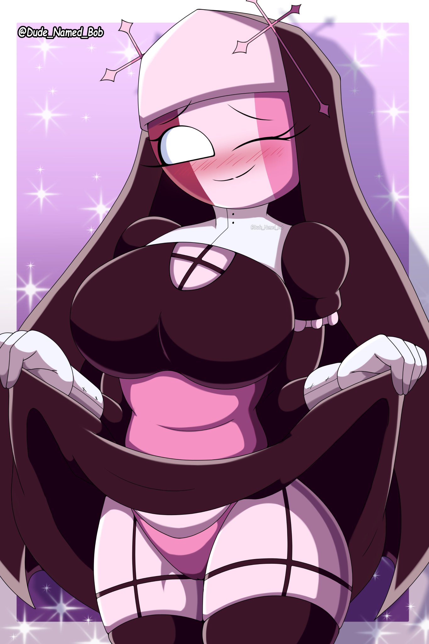 big breasts, blushing, dude named bob, friday night funkin, friday night funkin mod, garter straps, lifting skirt, naughty nun, nun, nun hat, nun outfit, one eye closed, pink panties, sarvente (dokki.doodlez), sarvente (friday night funkin), thighhighs