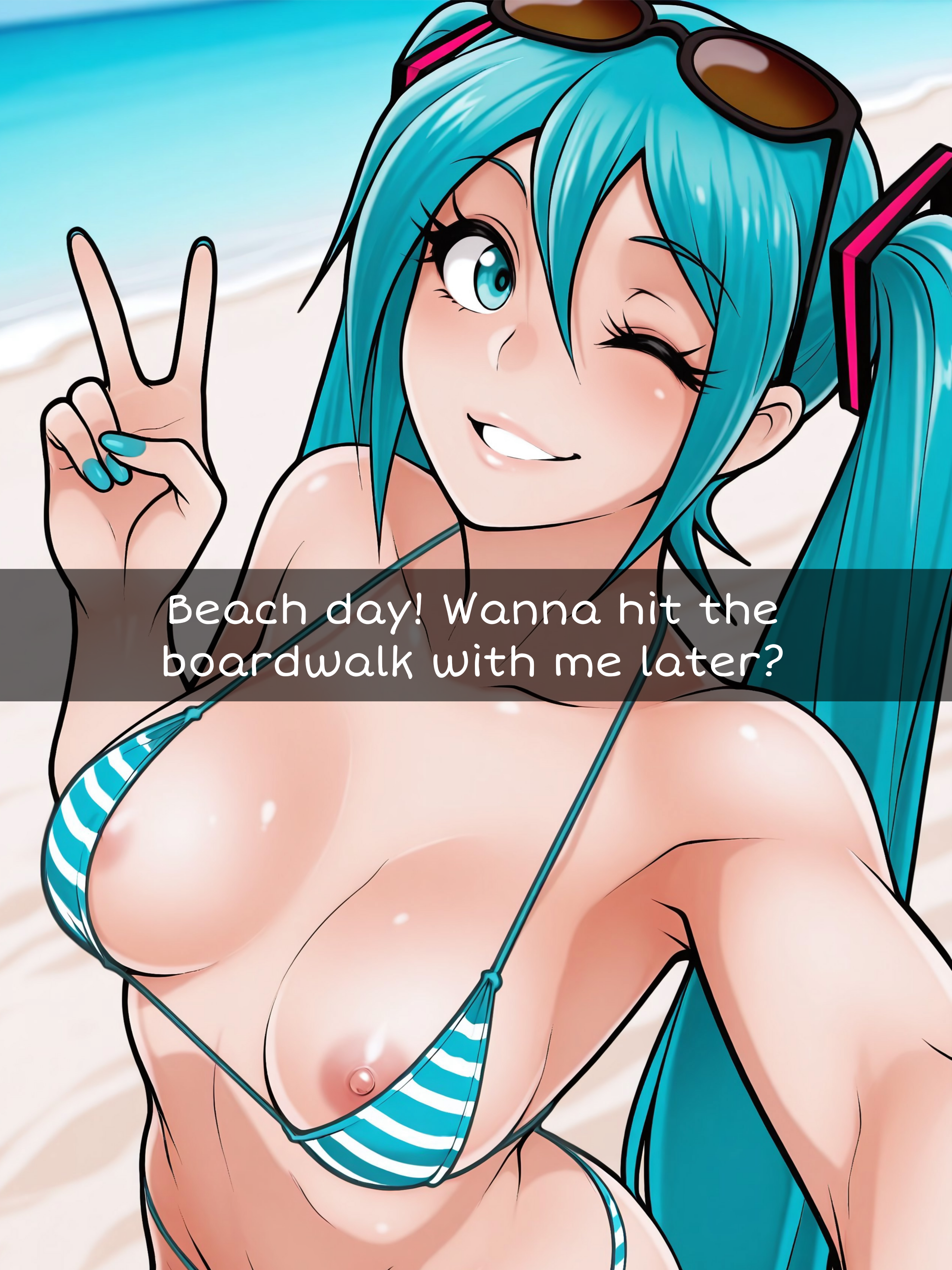 ai generated, ai jago dibuja, aqua eyes, aqua hair, beach, beach background, bikini, bikini top, hair ornament, hatsune miku, inviting, inviting viewer, looking at viewer, nipple, nipple peek, nipple slip, peace sign, selfie, smile, smiling at viewer, snapchat, striped bikini, sunglasses, sunglasses on head, swimsuit, twintails, vocaloid, wardrobe malfunction, wink, winking at viewer