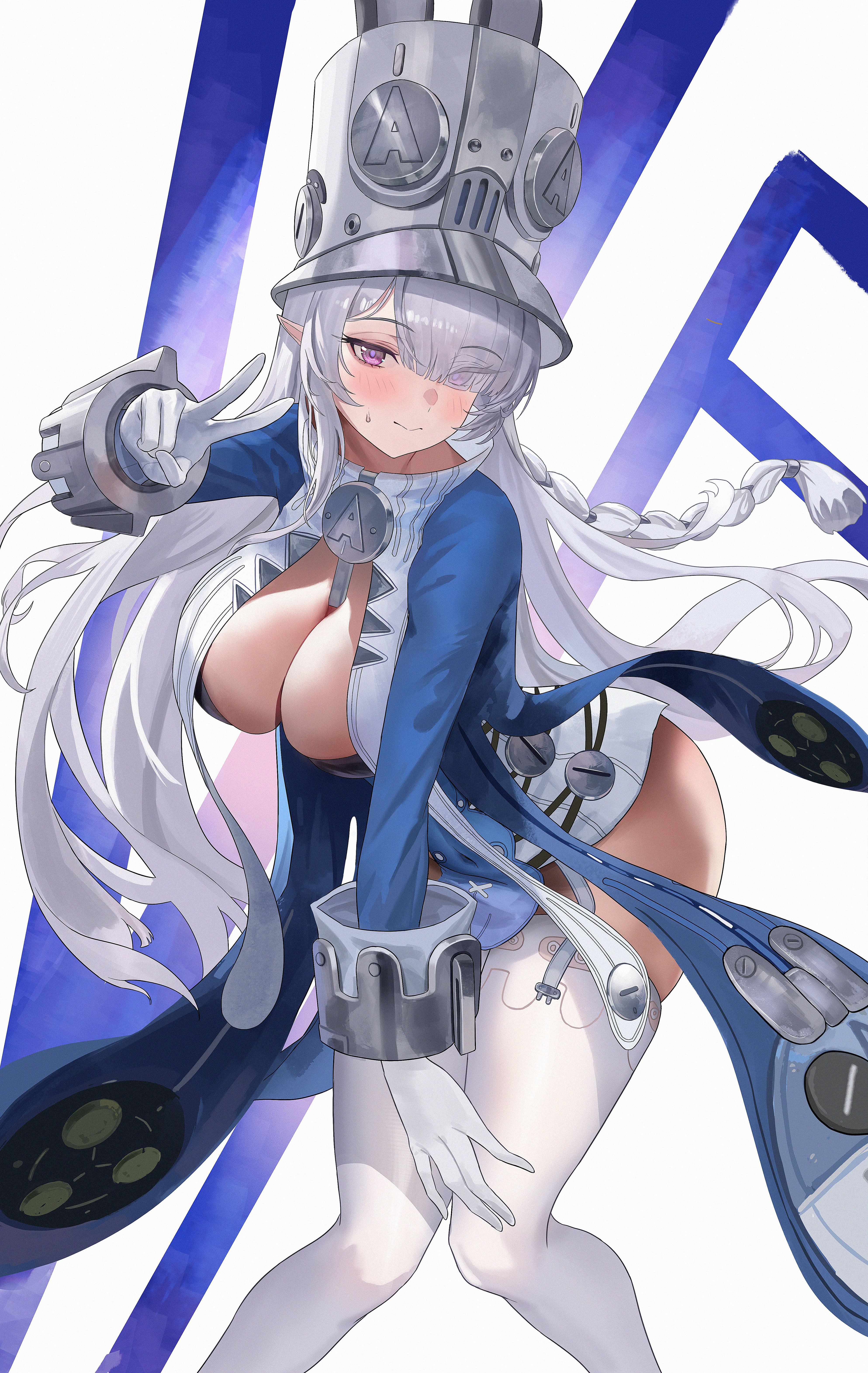 blue jacket, blush, breasts, closed mouth, commentary request, cosplay, costume switch, gloves, grey hair, grey helmet, helmet, highres, hoyoverse, jacket, large breasts, long hair, looking at viewer, mihoyo, multiple girls, norma hollowell, pointy ears, simple background, solo focus, standing, v, velina airgid, white background, white gloves, zenless zone zero