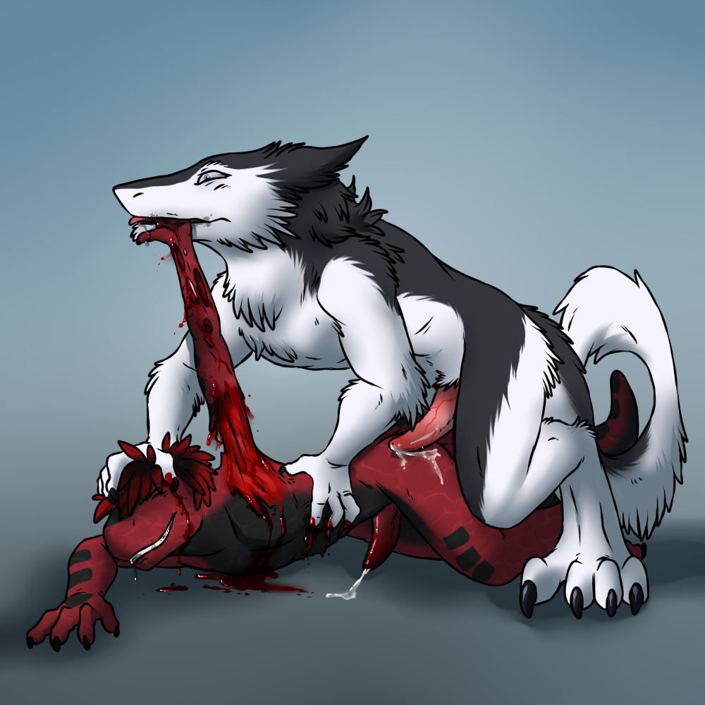 aggrobadger anthro black_fur black_hair black_scales blood blue_eyes claws closed_eyes cum dismemberment duo erection fur furx_(character) gay gore guro hair hard_vore lizard male male_only male_ryona penis pinned precum red_hair red_scales reptile saliva scales scalie sergal smile snuff thick_tail toe_claws vore white_fur yaoi