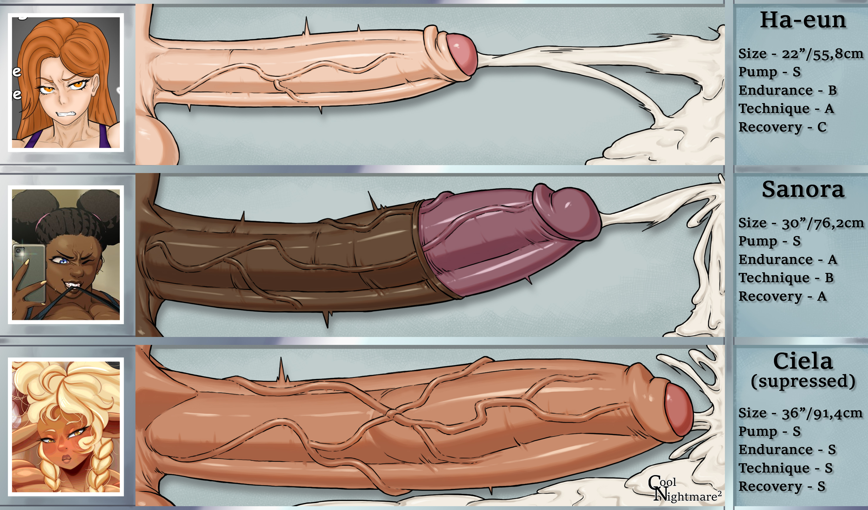 3futas, big cock, big penis, chart, commission, coolnightmare2, cum, cumming, dark skin, dark-skinned futa, erect penis, futanari, huge penis, light skin, light-skinned futa, long penis, measurements, oc, original character, penis, penis chart, penis size chart, self upload, size comparison, tagme, text, uncensored, veins, veiny penis