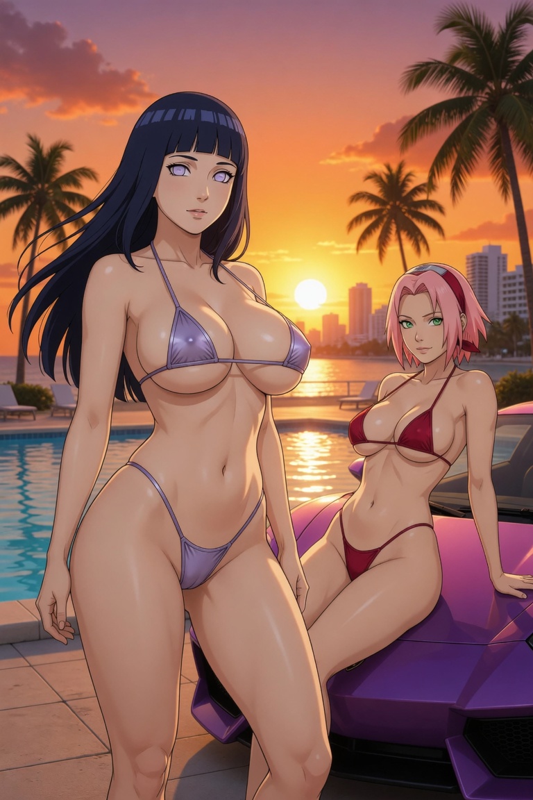 2026, 2d, 2girls, ai generated, aistuffo, bare shoulders, belly, belly button, big breasts, bikini, boruto: naruto next generations, breasts, cameltoe, car, dark hair, female, female only, green eyes, gta, gtav cover girl, hairband, haruno sakura, hyuuga hinata, legs, long hair, looking at viewer, medium breasts, milfs, naruto, naruto (series), nipple bulge, palm tree, pink hair, pool, purple eyes, round breasts, sakura haruno, shiny skin, short hair, sitting, smooth skin, standing, sunset, thighs, thong bikini, uncensored, waist, white skin