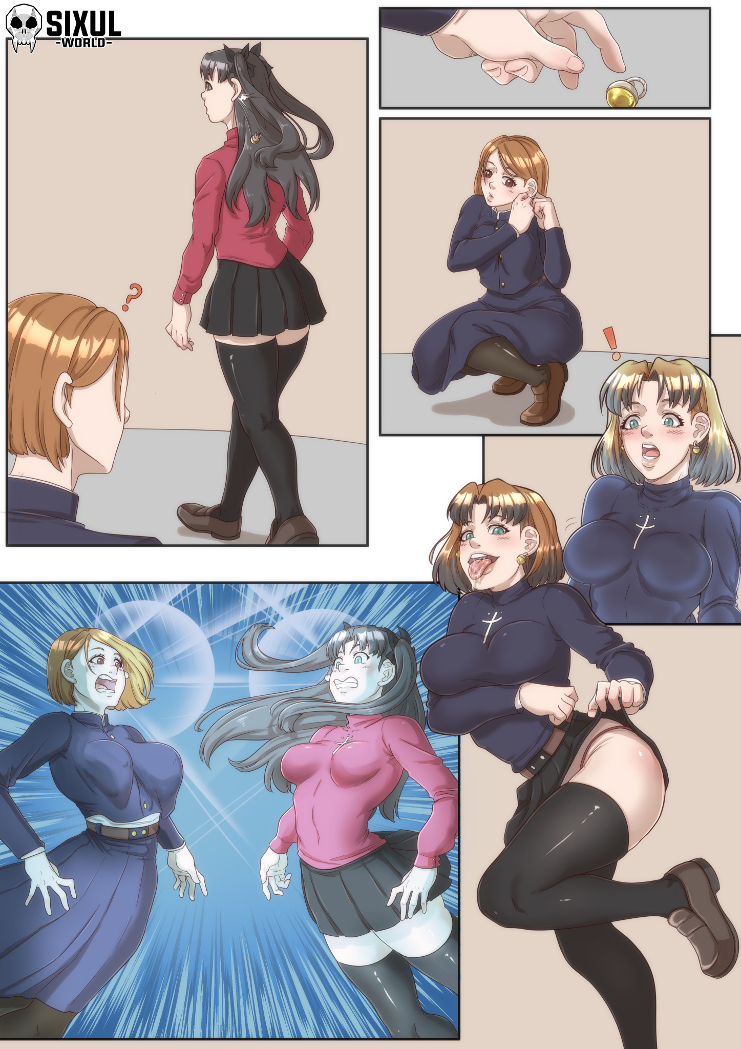 2d, 3girls, black hair, brown hair, comic, crossover, curvy figure, drooling, fate (series), fate/stay night, female only, fusion, fusion character, hi res, huge ass, huge breasts, hypothetical fusion, jujutsu kaisen, kugisaki nobara, merging, open mouth, posing, potara earrings, potara fusion, saliva, sixul world, smirk, smug, surprised, thick thighs, tohsaka rin, tongue, transformation