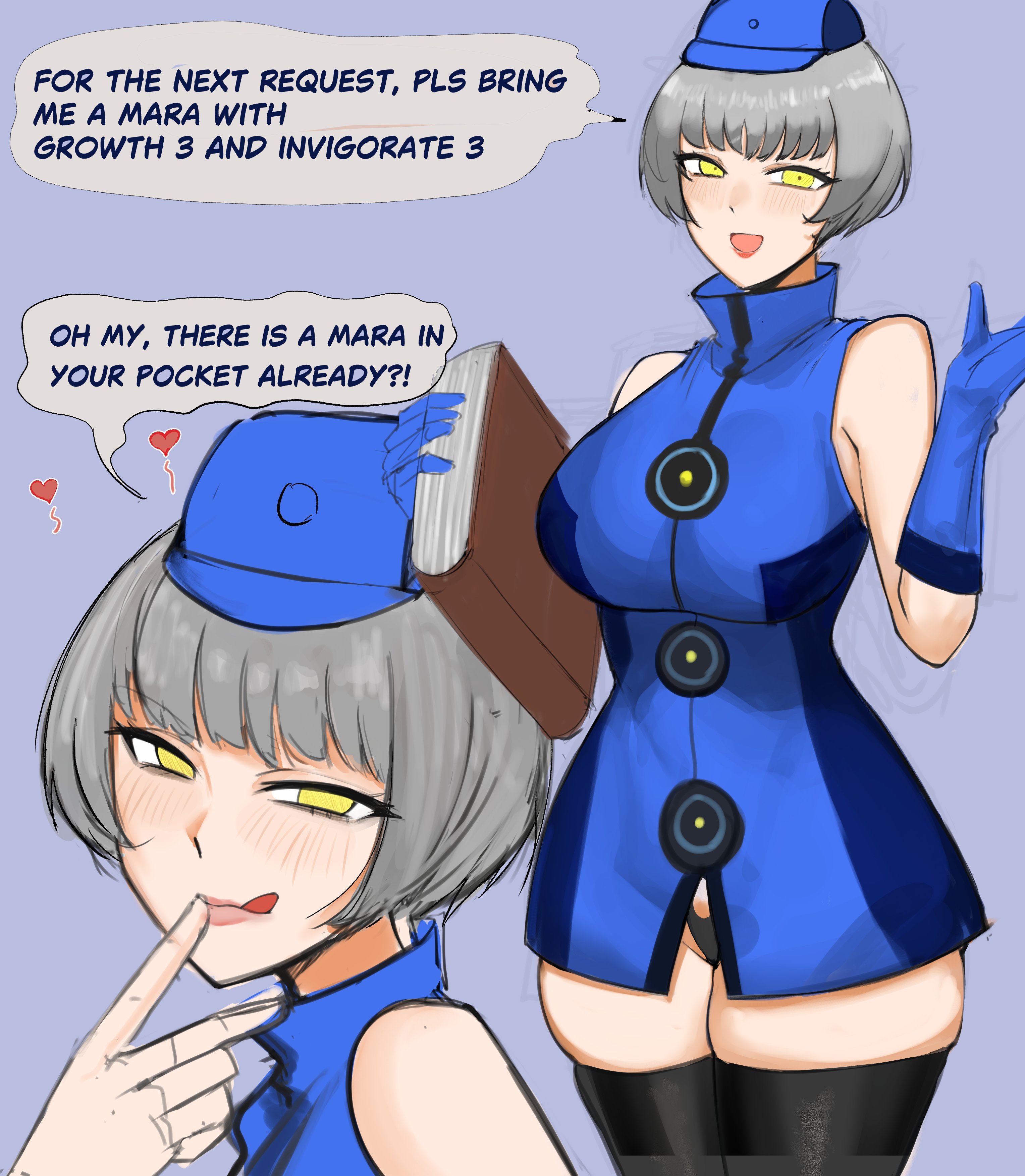 1girls, 2d, absolute territory, atlus, bare shoulders, black panties, black thighhighs, blue clothing, blush, blushing at viewer, breasts, clothed, elizabeth (persona), english dialogue, gloves, hat, hi res, high collar, hips, hips wider than shoulders, large breasts, licking lips, light skin, light-skinned female, looking at viewer, nero watch, panties, panty peek, persona, persona 3, sega, short hair, short skirt, silver hair, sleeveless, sleeveless dress, solo, speech bubble, thick thighs, thigh squish, thighhighs, thighs, thighs bigger than head, tongue, underwear, wide hips, yellow eyes
