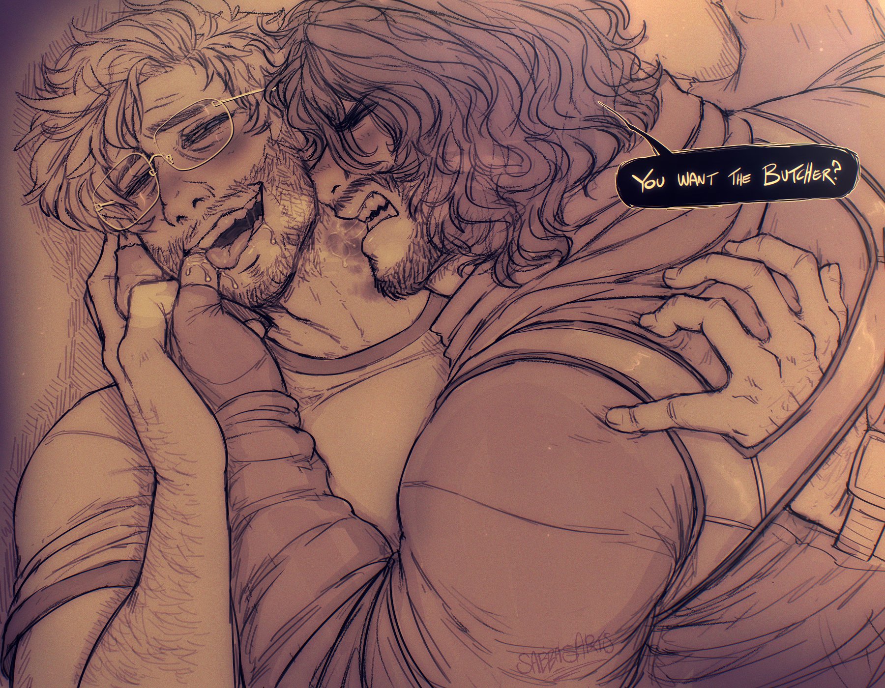 ?, 2boy, 2boys, 2d, 2d (artwork), 2d artwork, 2male, 2males, 2man, 2men, angry, angry expression, angry eyes, angry face, arm hair, beard, bed, bedroom, bedroom eyes, bedroom sex, bite, bite mark, bite mark on neck, bite mark on shoulder, bite marks, biting, black text box, blush, blush face, blush lines, blushed face, blushing, blushing male, blushing profusely, breath cloud, bruise, bruised, bruised neck, bruises, dark hair, dialog, dialogue, drool, drool on face, drooling, drooling tongue, english, english commentary, english dialogue, english text, english translation, facial hair, fingerless gloves, fully clothed, fully clothed male, fully dressed, furrowed brow, furrowed brows, furrowed eyebrows, gay, gay male, glasses, grabbing face, hairy arms, half closed eyes, half lidded eyes, half-closed eyes, half-lidded eyes, hand holding face, hand on back, hand on face, harness, hickies, holding face, holding hands, holding jaw, homo, homoerotic, homosexual, homosexual male, iron lung, iron lung (movie), laying, laying down, laying on back, laying on bed, laying on person, laying on stomach, light hair, long sleeves, lying down, lying on back, lying on bed, lying on person, lying on stomach, markiplier, men, neck bite, neck bite mark, neck biting, no visible genitalia, open mouth, pinned, pinned down, pinned to bed, project hail mary, ryan gosling, ryland grace, sabbasarts, saliva, saliva drip, saliva on face, saliva on finger, saliva on neck, saliva on tongue, saliva trail, sharp teeth, shirt, short hair, simon (iron lung), smile, smiling, smiling at partner, straight hair, t shirt, t-shirt, text, text bubble, tounge out, twitter, twitter link, twitter username, uncolored, watermark, wavy hair, yellow text