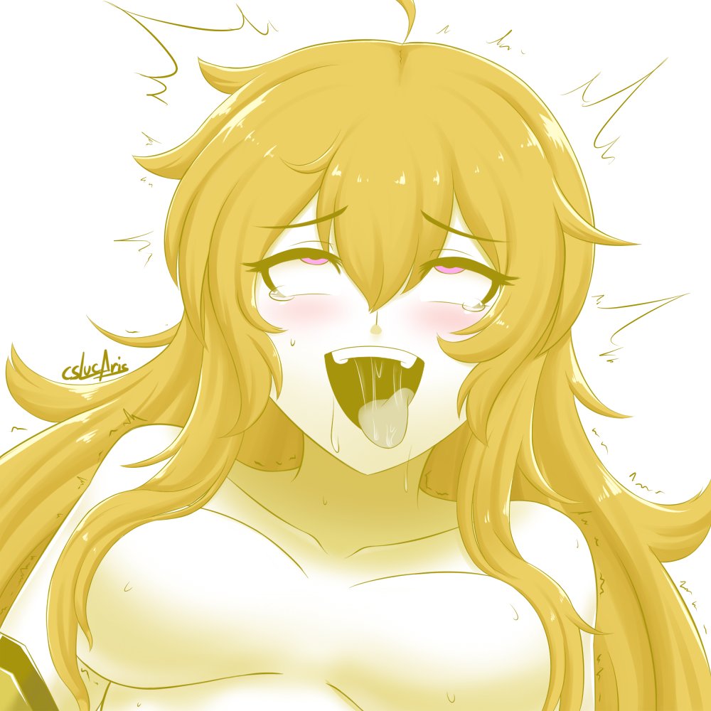 ahe gao, blush, cslucaris, drooling, female, female only, naughty face, rolling eyes, rwby, sexually suggestive, simple background, solo, sweat, tagme, tongue, tongue out, white background, yang xiao long