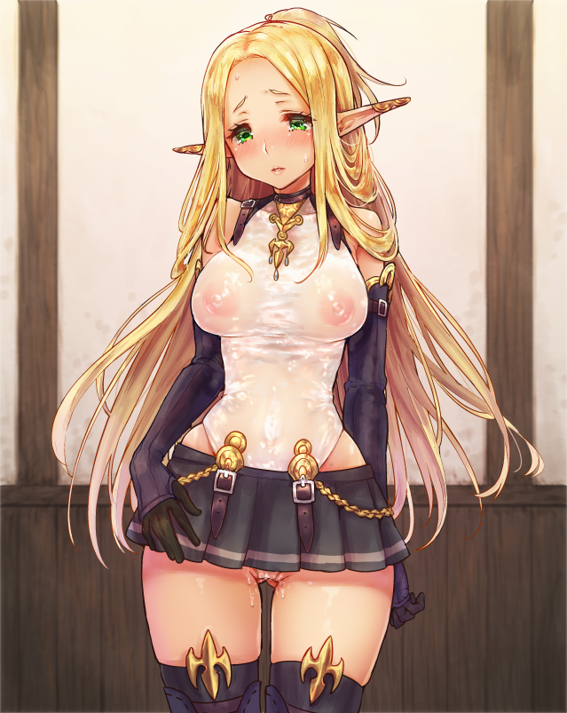 blonde_hair blush breasts clothing elbow_gloves etrian_odyssey female gloves green_eyes highleg highleg_leotard indoors large_breasts leotard long_hair looking_at_viewer nipples po_ni pointy_ears pussy_juice see-through see-through_clothing sekaiju_no_meikyuu skirt solo standing stockings thighhighs warlock_(sekaiju)