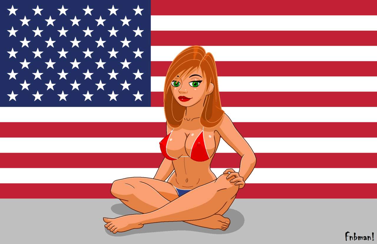 1girls 4th_of_july aged_up alternate_version_available artist_name bare_shoulders big_breasts bikini bikini_bottom bikini_top busty cleavage curvy detailed_background disney erect_nipple erect_nipples eyeliner female female_only flag fnbman front_view green_eyes hourglass_figure human kim_possible kimberly_ann_possible large_breasts lipstick looking_at_viewer makeup midriff nipple_bulge older orange_hair pose posing red_lipstick shadow shiny shiny_skin sitting solo swimsuit teenage text voluptuous wide_hips