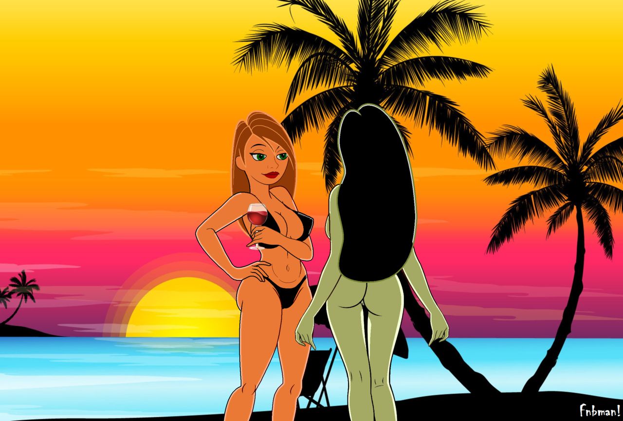 2girls aged_up alternate_version_available artist_name back_view backboob bare_shoulders beach big_breasts bikini black_hair busty butt_crack chair cleavage clothed_female_nude_female curvy detailed_background disney duo erect_nipple erect_nipples eyeliner female female_only fnbman front_view green_skin hourglass_figure human kim_possible kimberly_ann_possible lipstick long_hair makeup midriff multiple_girls naked nipple_bulge nude older orange_hair outdoor outdoors outside pose posing red_lipstick shego sideboob standing sun sunset swimsuit teenage text tree umbrella voluptuous water wide_hips yuri