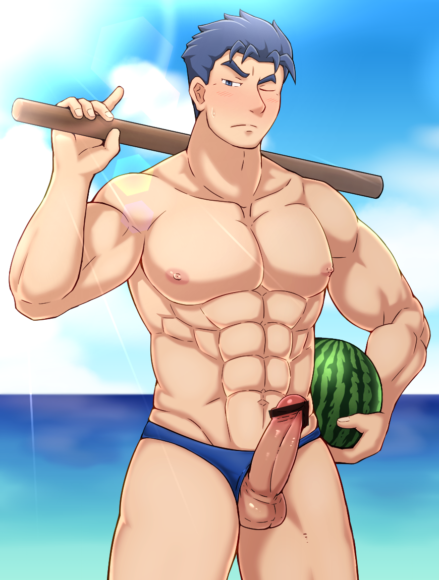 1boy abs bara beach biore_(artist) blush censored erection fire_emblem fire_emblem:_the_blazing_blade hector_(fire_emblem) male male_only muscle muscular ocean pecs penis solo sweat topless undressing watermelon