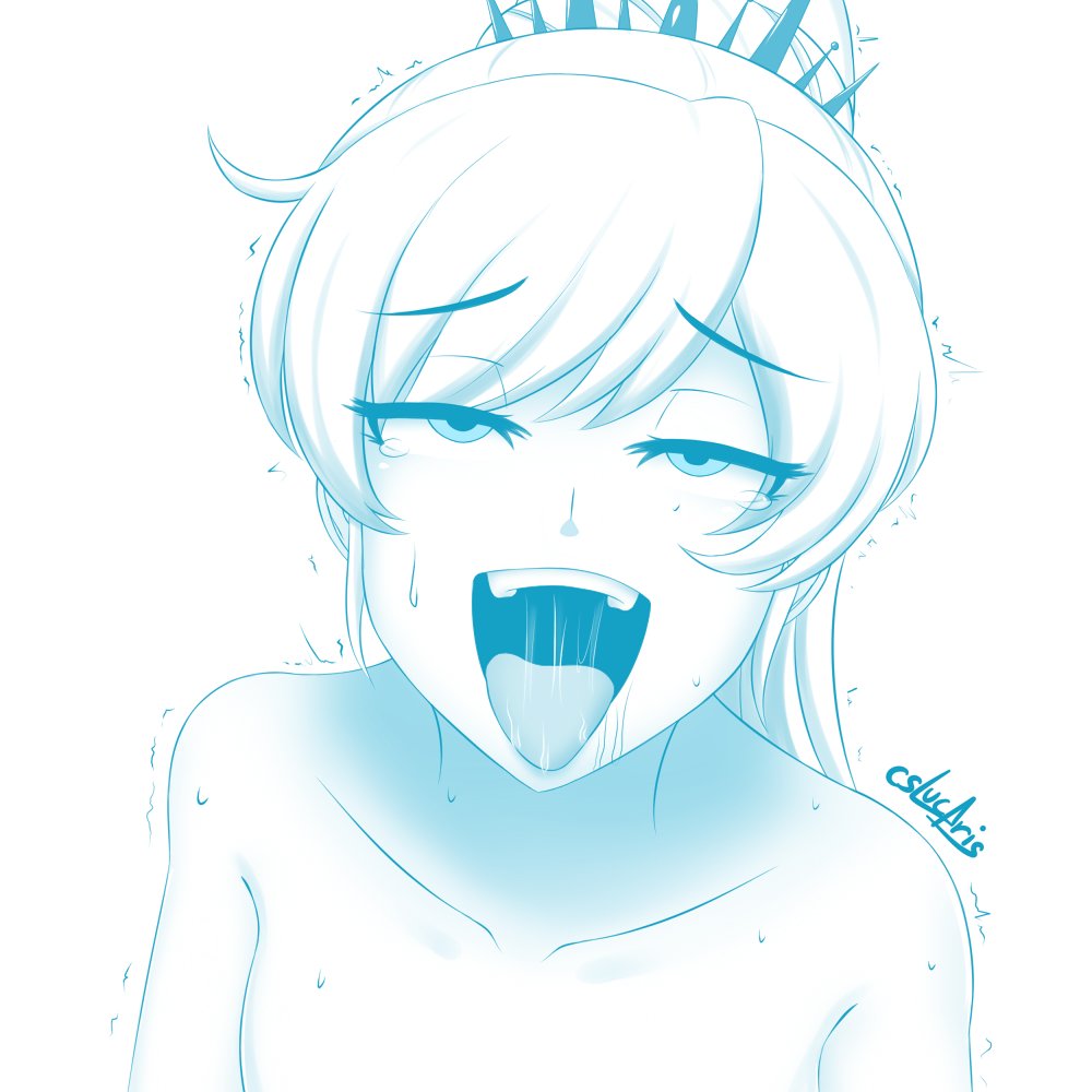 ahe gao, cslucaris, drooling, female, female only, monochrome, naughty face, rwby, sexually suggestive, simple background, solo, sweat, tagme, tongue, tongue out, trembling, weiss schnee, white background