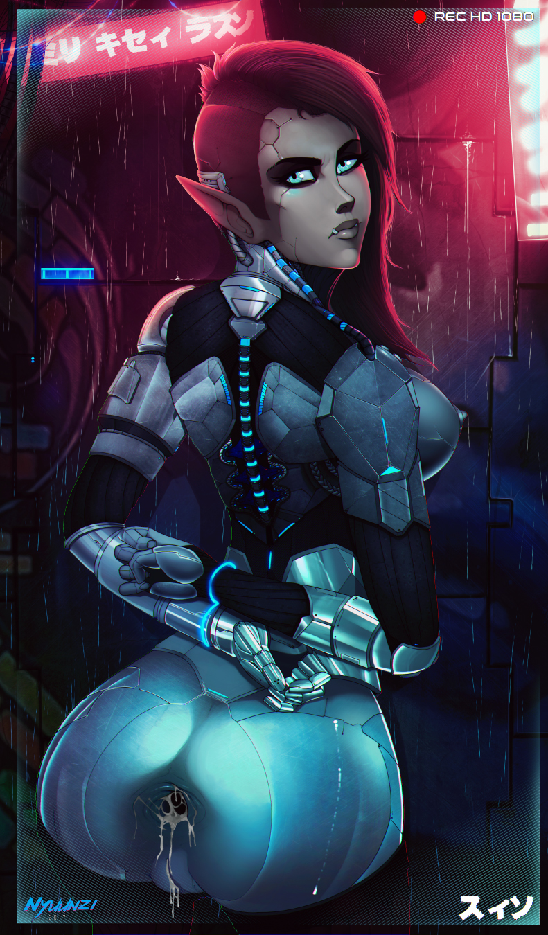 after_sex anus ass bodysuit bondage breasts cleavage cum cum_in_ass cum_inside cyborg female female_only looking_at_viewer looking_back nyuunzi pussy shadowrun solo