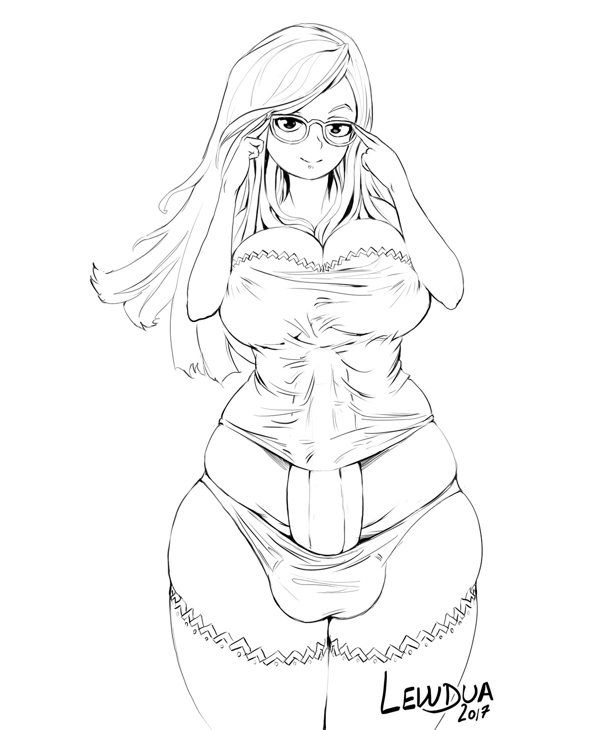 1futa, balls, balls in panties, big breasts, breasts, cleavage, erection, erection under clothes, futa only, futanari, huge cock, intersex, large breasts, lewdua, looking at viewer, monochrome, panties, penis, penis under clothes, plump, solo, solo futa, testicles, thighhighs