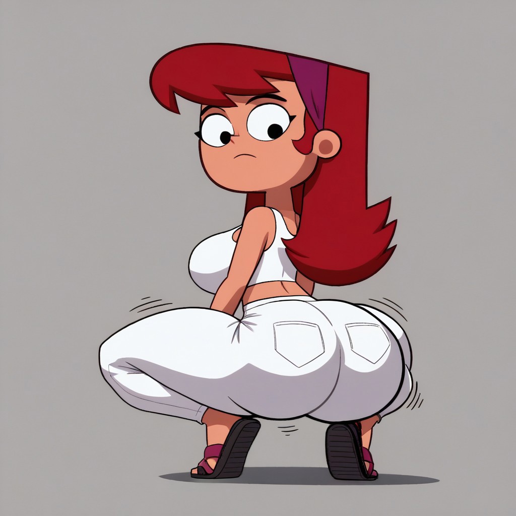 aged_up ai_generated ass ass_shake bedroom big_ass big_breasts big_butt black_eyes headband large_ass long_hair red_hair sandals sidekick_(series) solo solo_female squatting twerking user_zhfj2523 vana_glama white_pants white_tank_top