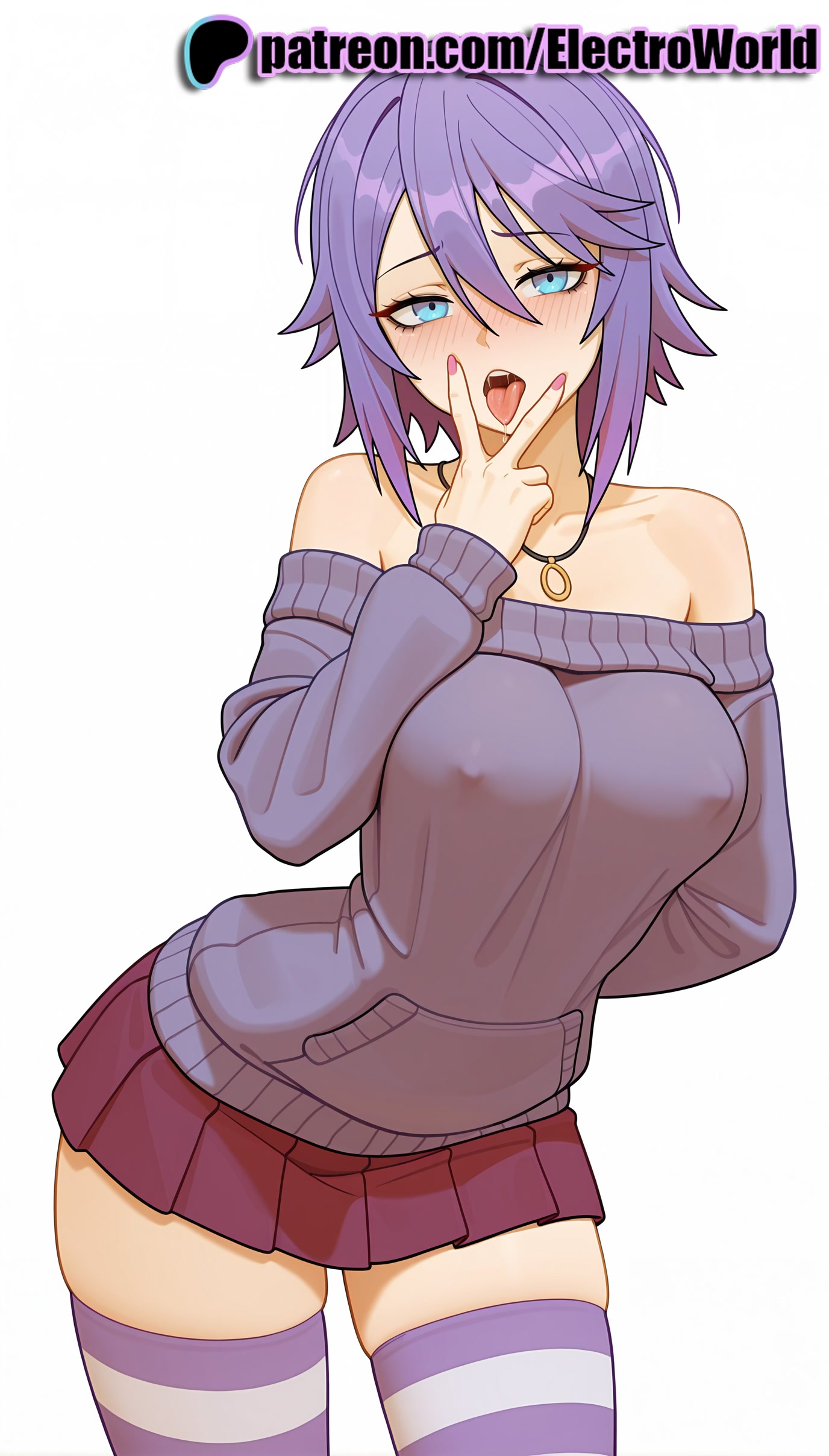 1girls, 2025, ai generated, artist name, bare shoulders, blue eyes, blush, breasts, bust, chest, electroworld, fellatio gesture, female, hi res, high quality, high resolution, highres, jewelry, looking at viewer, nail polish, off shoulder, off-shoulder sweater, patreon, patreon username, rosario+vampire, shirayuki mizore, skirt, solo, stable diffusion, striped, striped legwear, sweater, thighhighs, tongue, tongue out, watermark