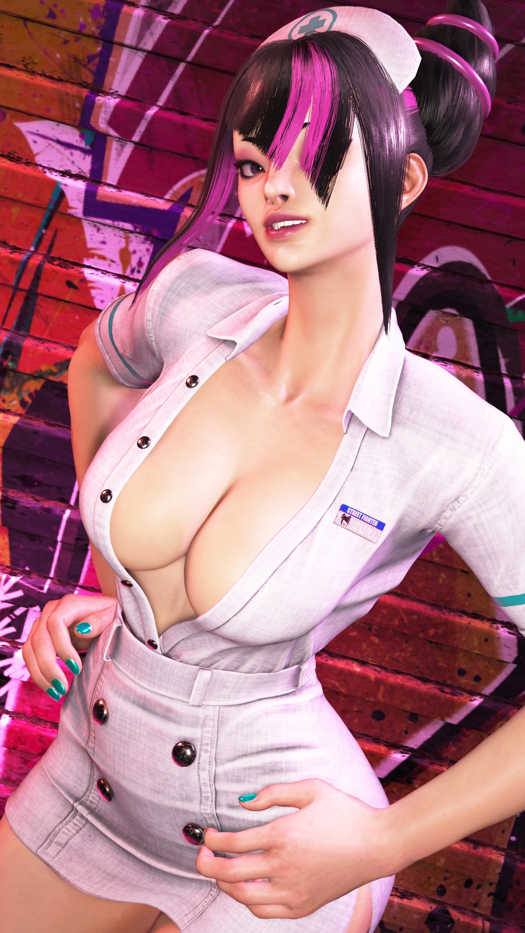 3d big_breasts black_hair bob_cut game_mod human human_only ingame_model juri_han light-skinned_female light_skin looking_at_viewer miniskirt nurse nurse_clothing nurse_uniform purple_hair sf_screenshot skirt slim_waist smiling_at_viewer street_fighter street_fighter_6 thick_thighs two_tone_hair wide_hips