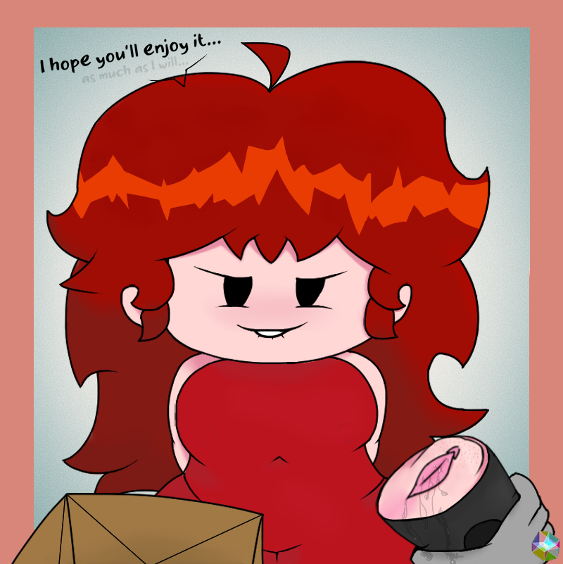 1boy, 1girls, arms behind back, auburn hair, biting lip, blush, clothed, color, dialogue, female, fleshlight, friday night funkin, gift, girlfriend (friday night funkin), grey skin, light skin, light-skinned female, male, portal fleshlight, pov, pubic hair, pubic stubble, pussy, red dress, selfax, tagme, text