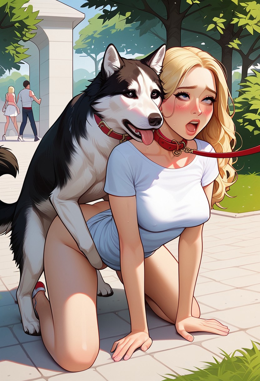 1boy 1girls ai_generated blonde_hair blue_eyes blush canine dog_collar doggy_style exhibitionism female female_on_feral feral human human_on_feral husky leash male male/female male_on_human medium_breasts moaning outdoors park petite primal_urges public summer_dress watching zoophilia