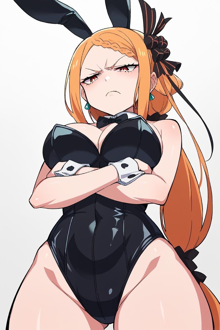 ai_generated arms_under_breasts big_breasts breast_hold bunny_girl bunnysuit dissappointed_look hourglass_figure long_hair looking_down orange_hair priscilla_barielle re:zero_kara_hajimeru_isekai_seikatsu red_eyes red_hair solo_female stable_diffusion tight_clothing voluptuous_female wide_hips