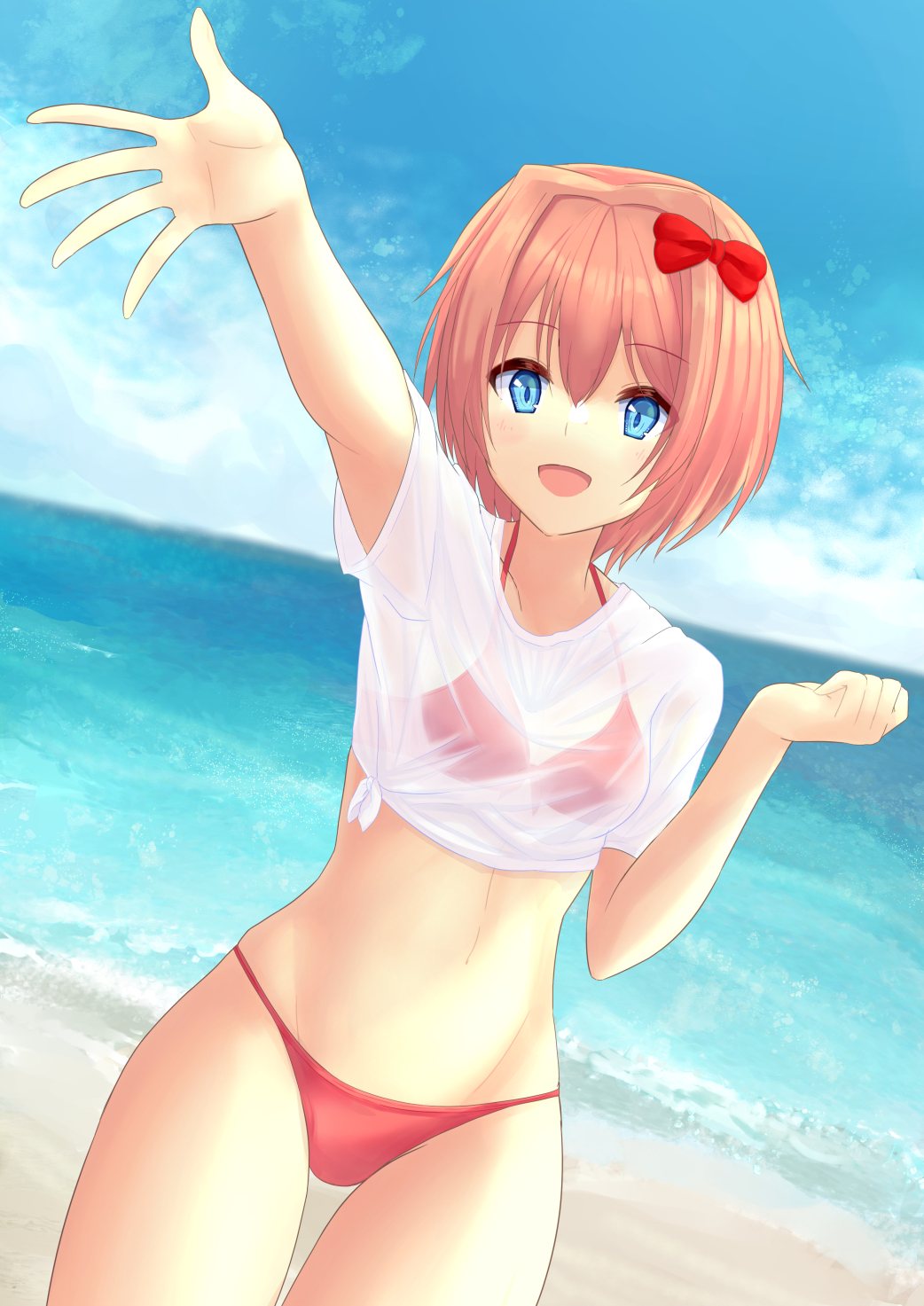 1female 1girls 5_fingers anime_style arm_up beach bikini blue_eyes bow clenched_hand cloud collarbone doki_doki_literature_club dutch_angle elforein hair_between_eyes hair_bow hairbow hand_up light_blush open_hand open_mouth petite pink_hair red_bikini red_bow red_hair_bow red_hairbow sand sayori_(doki_doki_literature_club) sea see-through see-through_shirt short_sleeves slit_pupils small_breasts thigh_gap tied_shirt white_shirt