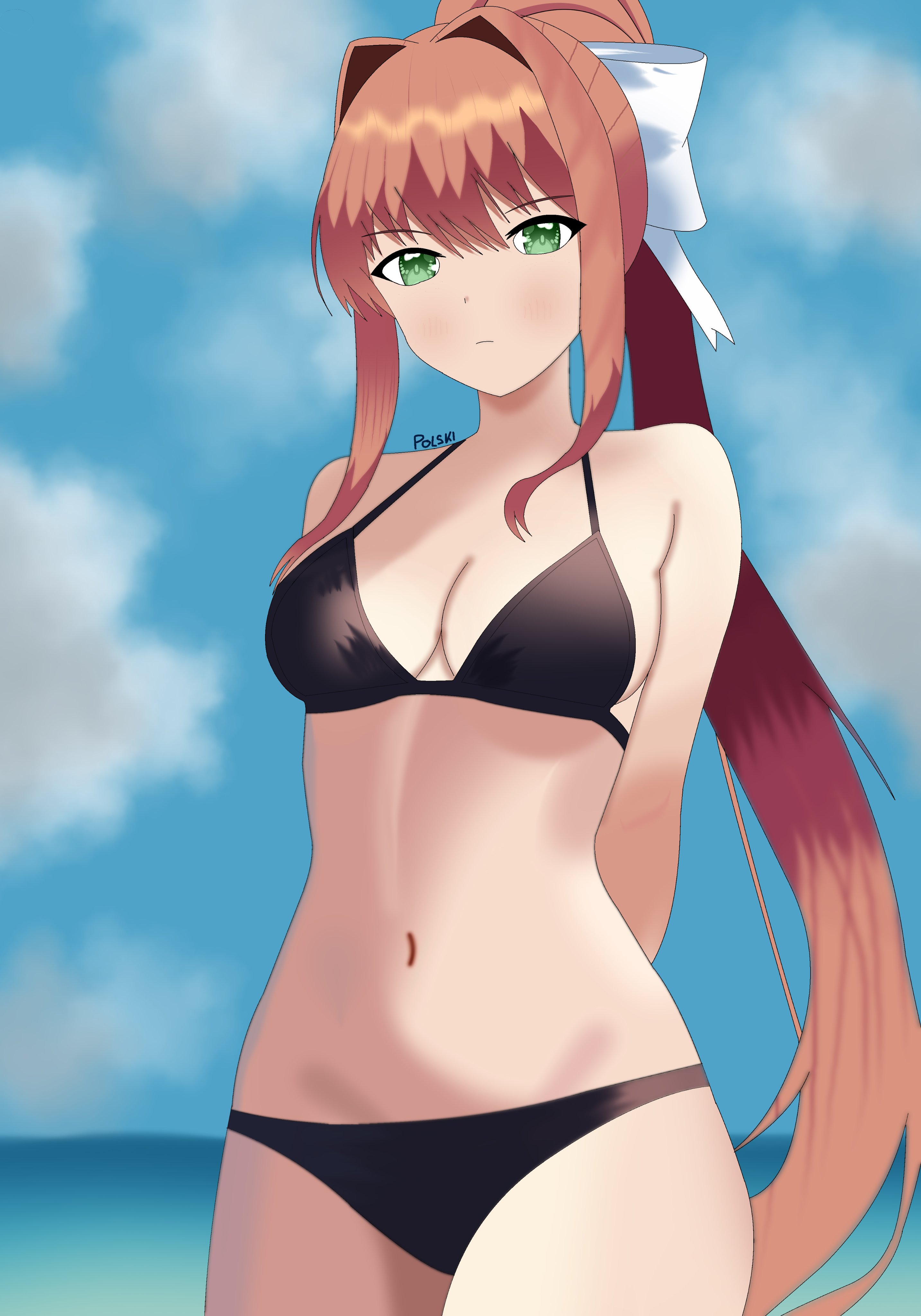1girls, bare shoulders, bikini, bikini bottom, bikini top, black bikini, breasts, brown hair, cleavage, color, doki doki literature club, female, female focus, green eyes, long hair, monika (doki doki literature club), navel, plfannatsuki, swimwear, very long hair, white bow, wide hips