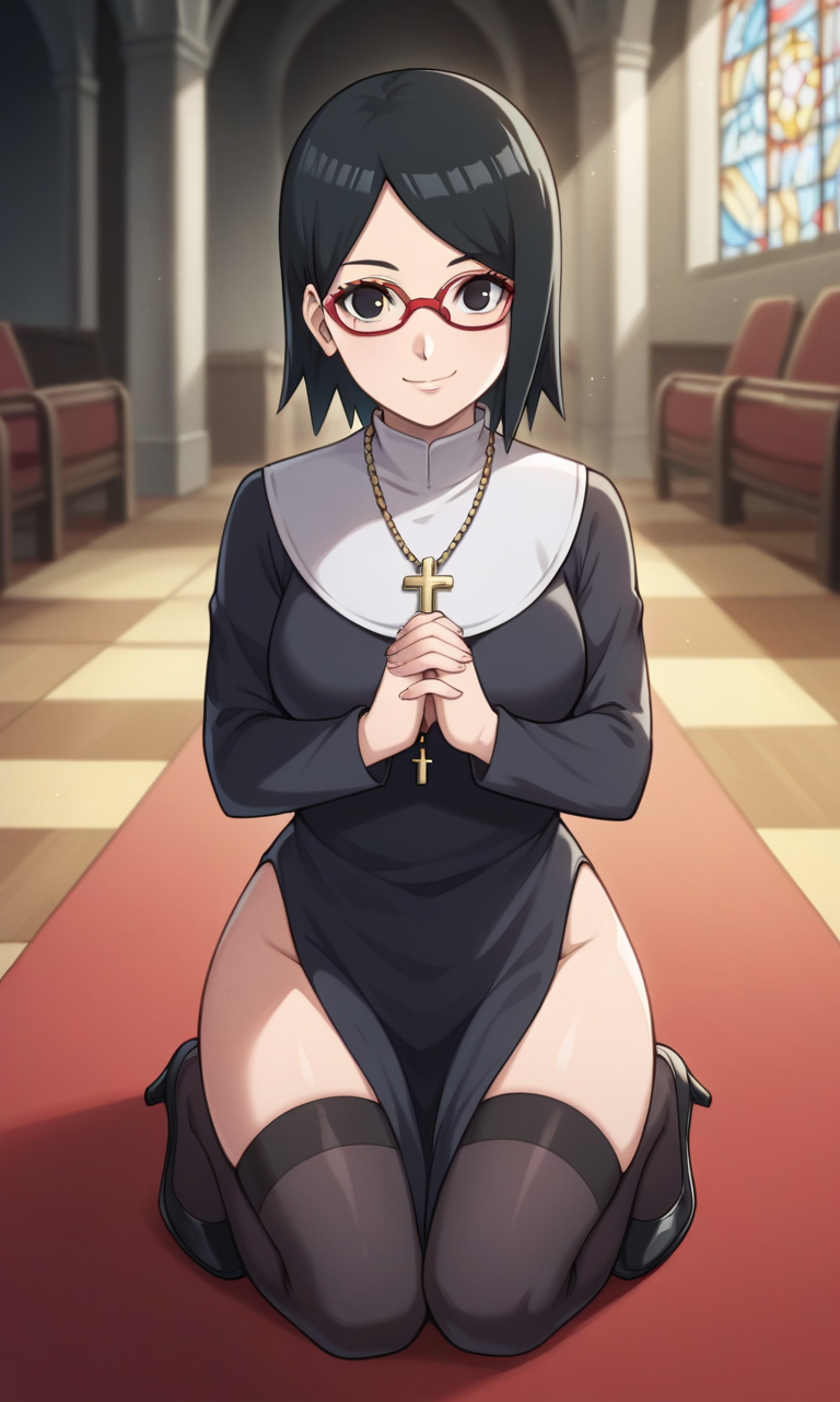 ai_generated barefoot bigmic145 black_eyes black_hair boruto:_naruto_next_generations breasts clothed clothed_female clothing female female_only glasses high_heels medium_breasts naruto naruto_(series) nun sarada_uchiha solo solo_female thighhighs