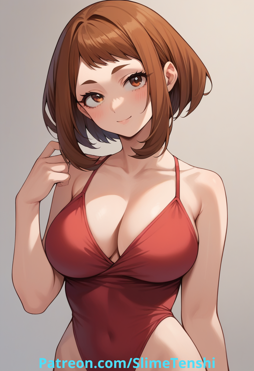 ai_generated big_breasts blush bra brown_hair looking_at_viewer medium_hair my_hero_academia ochako_uraraka posing red red_clothing slimetenshi