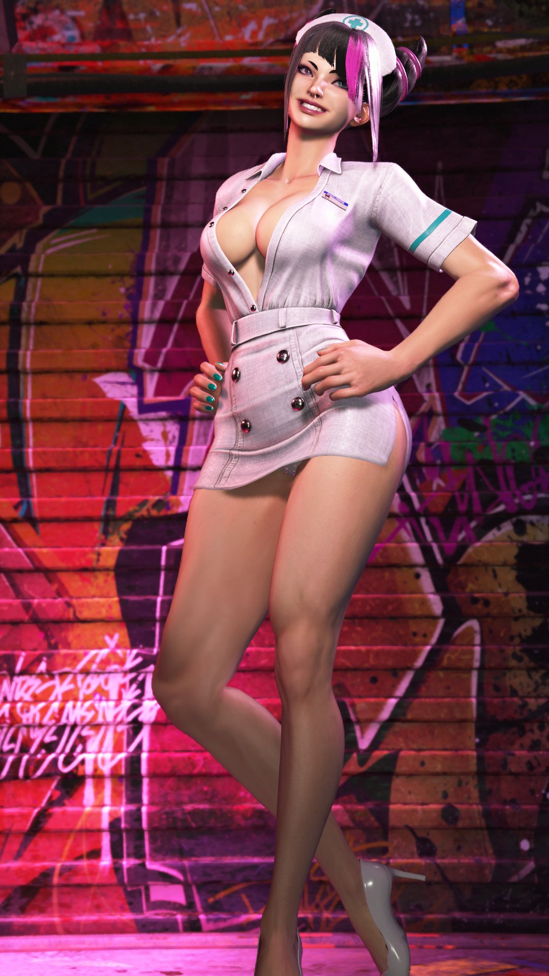 3d big_breasts black_hair bob_cut game_mod high_heels human human_only ingame_model juri_han light-skinned_female light_skin looking_at_viewer miniskirt nurse nurse_clothing nurse_uniform purple_hair sf_screenshot skirt slim_waist smiling_at_viewer street_fighter street_fighter_6 thick_thighs two_tone_hair wide_hips