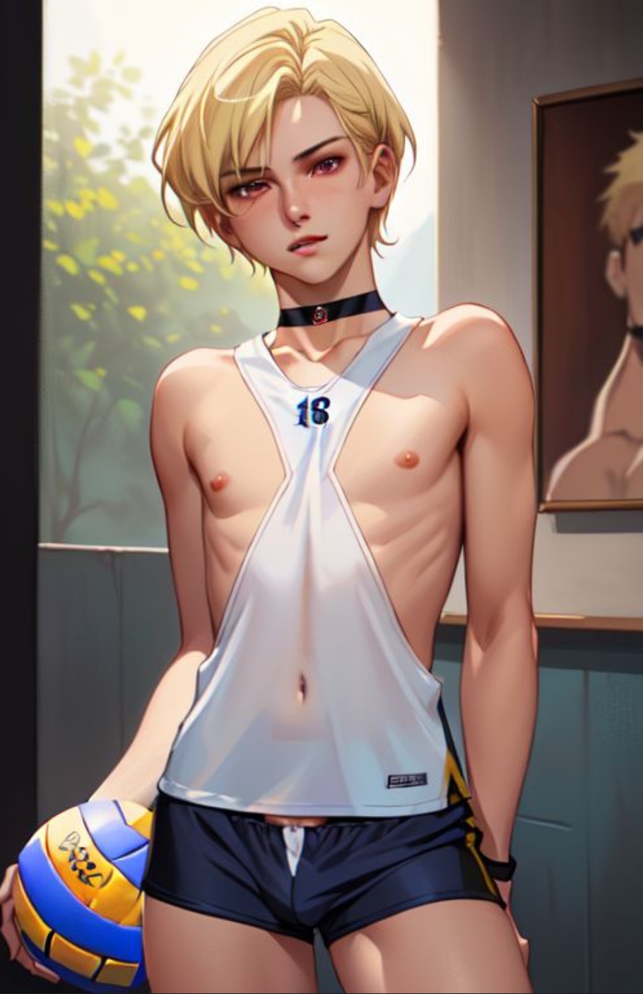 1boy 1femboy abs ai_generated anime_style athletic athletic_male blonde_hair blonde_hair bulge choker exposed_breasts exposed_nipples exposed_torso femboy fit fit_male gay male male_only pale-skinned_male pale_skin petite short_hair shorts sissy solo twink volleyball white_body white_skin yaoi