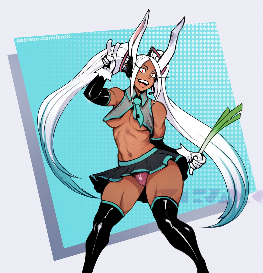 1girls, blue highlights, boku no hero academia, bunny ears, bunny girl, cosplay, dark skin, dark-skinned female, female, female only, hatsune miku (cosplay), izra, long hair, looking at viewer, miruko, my hero academia, red eyes, rumi usagiyama, smiling, smiling at viewer, solo, thick thighs, toned, toned female, twintails, v sign, vocaloid, white hair