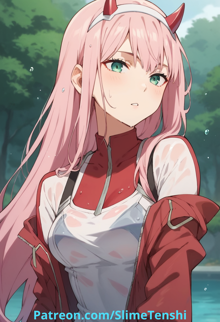 ai_generated darling_in_the_franxx devil_horns green_eyes jacket lake long_hair pink_hair slimetenshi tree trees water wet wet_clothes wet_clothing zero_two_(darling_in_the_franxx)