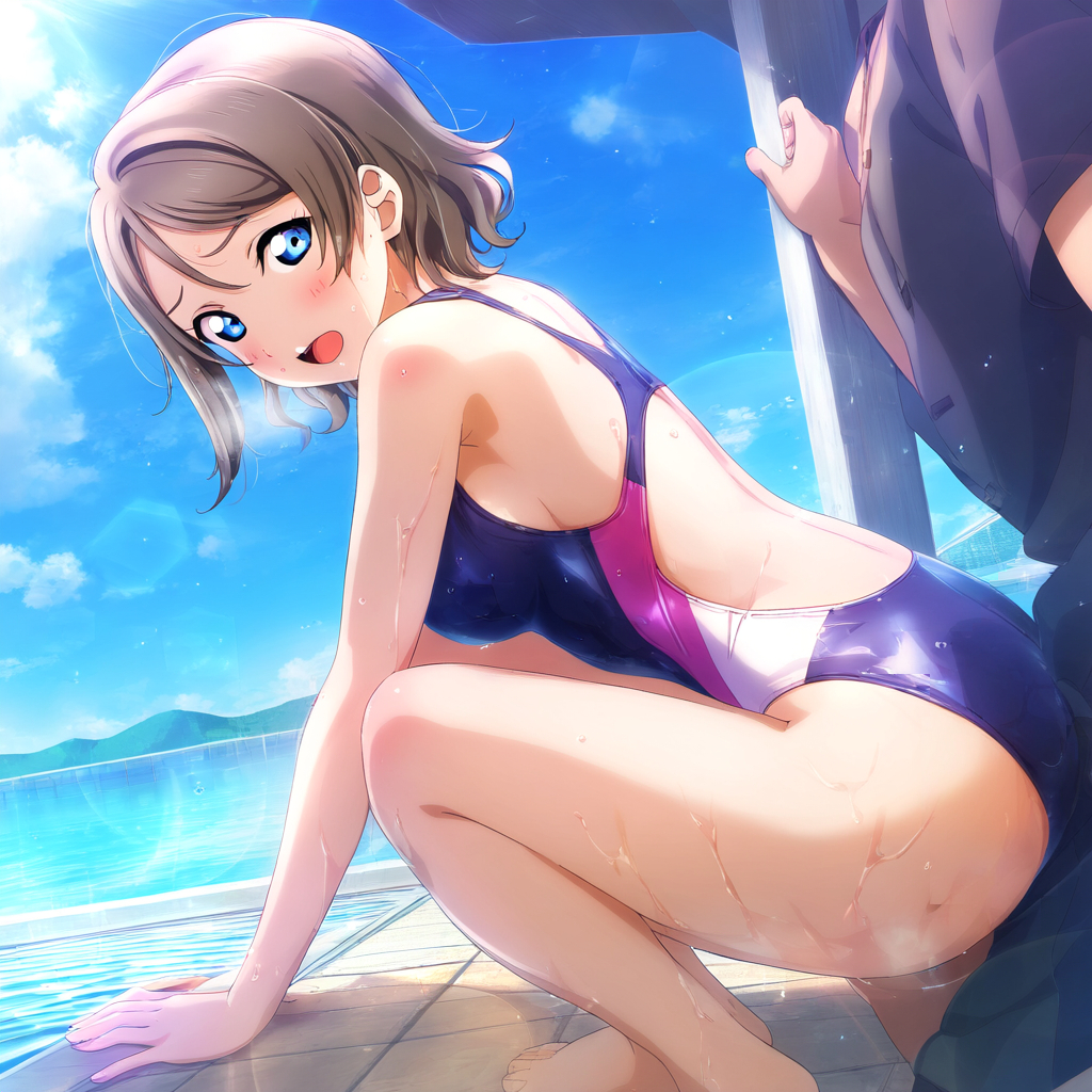 1boy 1girls ai_generated blue_eyes breasts brown_hair competition_swimsuit female legs love_live! love_live!_sunshine!! one-piece_swimsuit penis sex swimsuit thighs watanabe_you