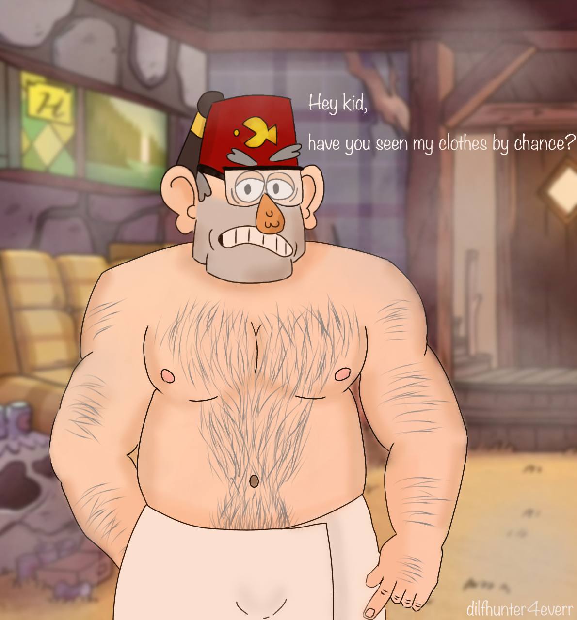 angry bara bulge dilf fat_man fez glasses gravity_falls hairy hairy_arms hairy_chest hairy_male male_only old_man overweight solo solo_male stanley_pines text towel uncut