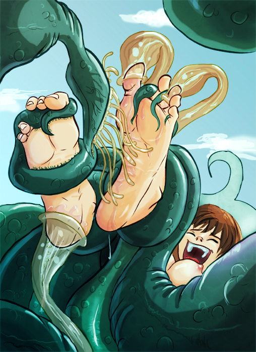 1girl breasts feet feet_focus feet_up female foot_fetish foot_focus laughing nipple slime soles tentacle tentacle_monster tentacle_tickling the-flying-hamster tickle_torture tickling tickling_feet