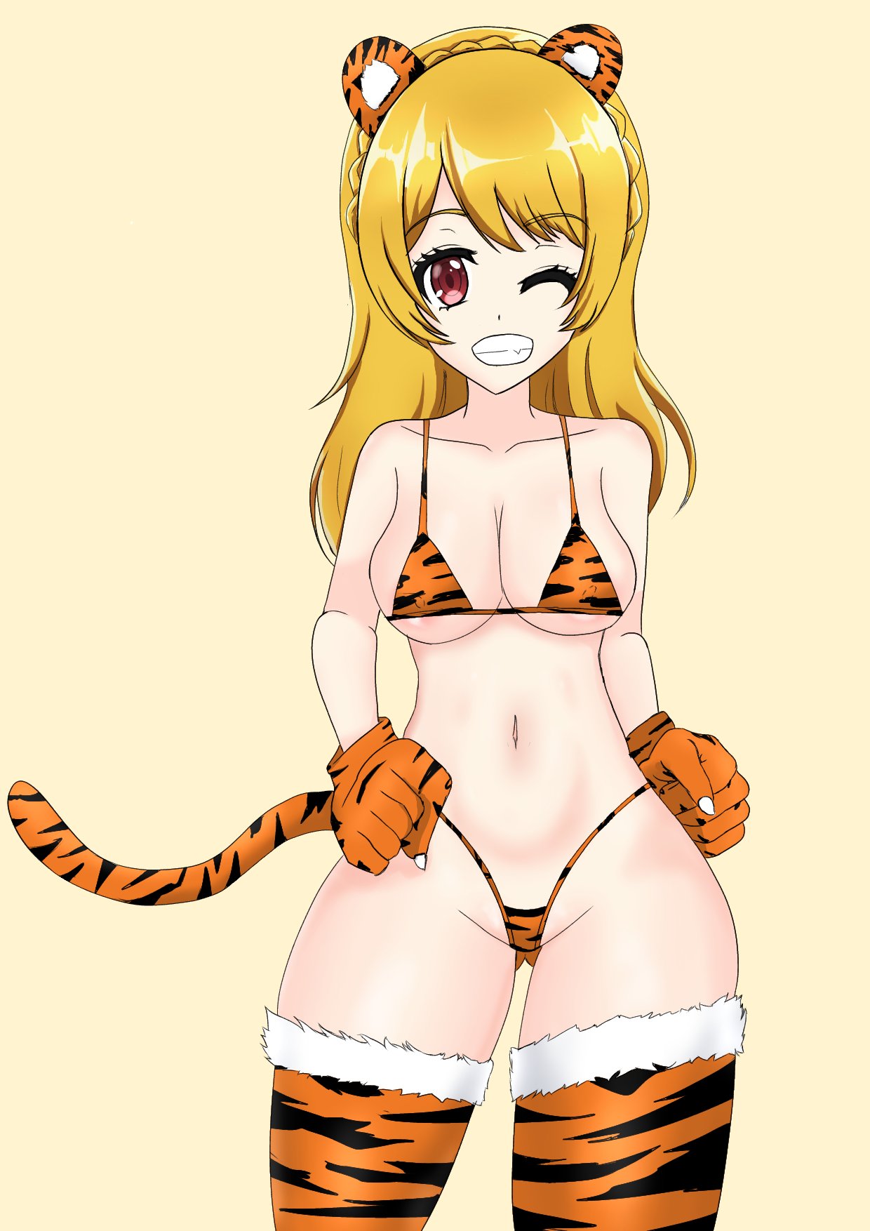 aimoto_rinku areolae bikini breasts d4dj luckyyou894 paws pointy_chin stockings tail thick_thighs tiger_ears tiger_print