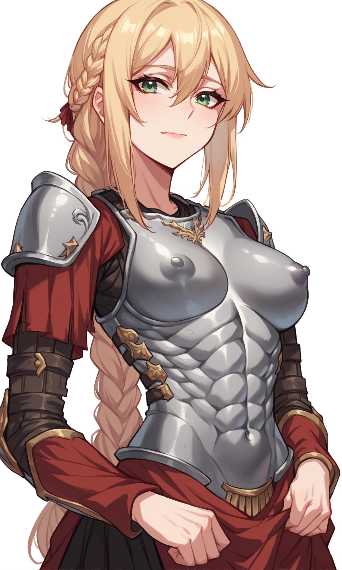 ai_generated armor blonde_hair boob_armor braided_hair braided_ponytail breastplate greek_armor green_eyes long_sleeves metal_armor metal_breasts muscle_cuirass navel nipples pauldrons ponytail zorkpics