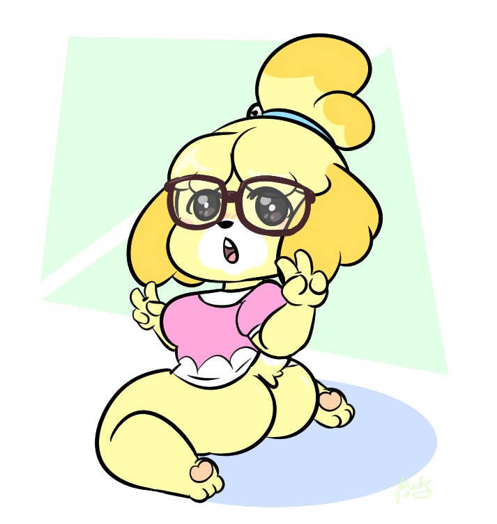 animal_crossing ass bottomless canine glasses isabelle_(animal_crossing) nintendo tail topwear_only vallycuts