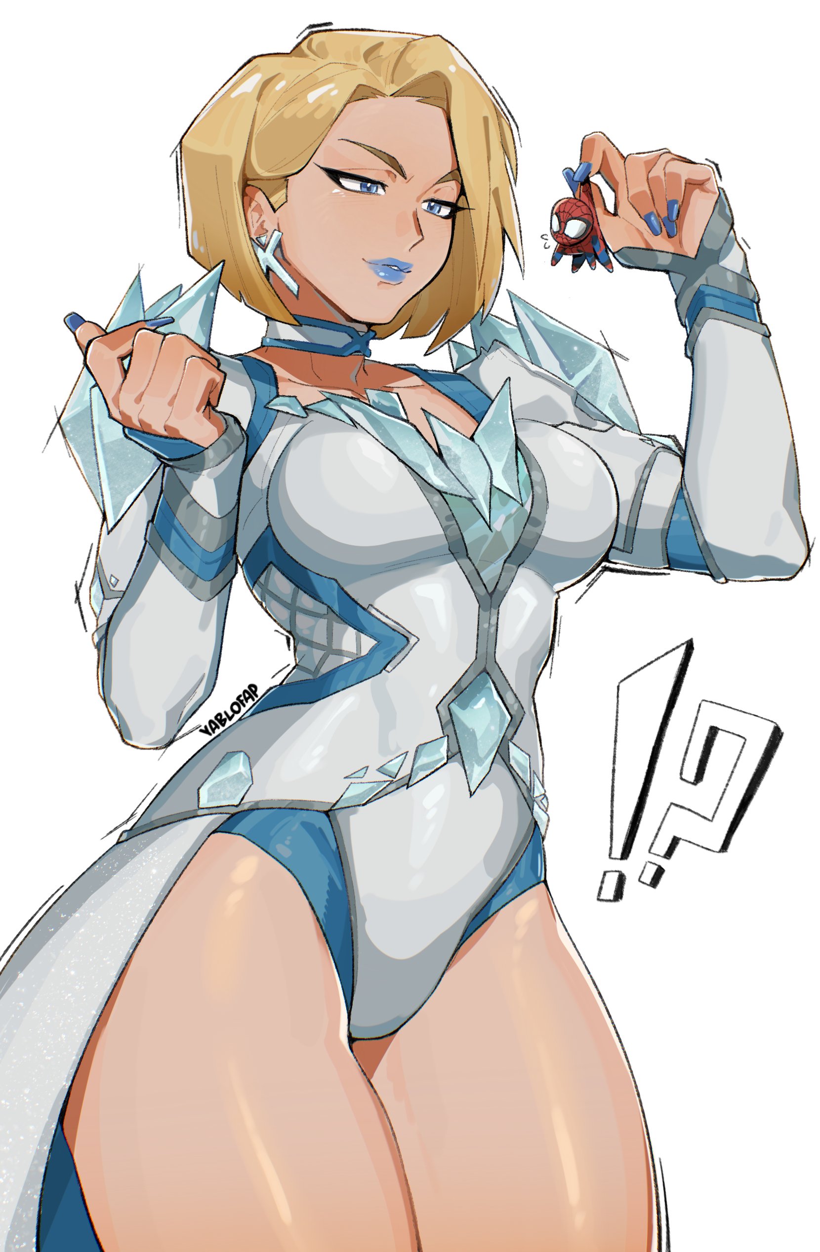 1girls, 2d, blonde female, blue lipstick, blue nails, bob cut, breasts, clothed, clothed female, emma frost, emma frost (marvel rivals), extreme size difference, female, female focus, female only, giantess, hi res, large breasts, light skin, light-skinned female, marvel, marvel comics, marvel rivals, peter parker, size difference, solo, spider-man, spider-man (marvel rivals), thick thighs, thighs, wide hips, x-men, yablofap