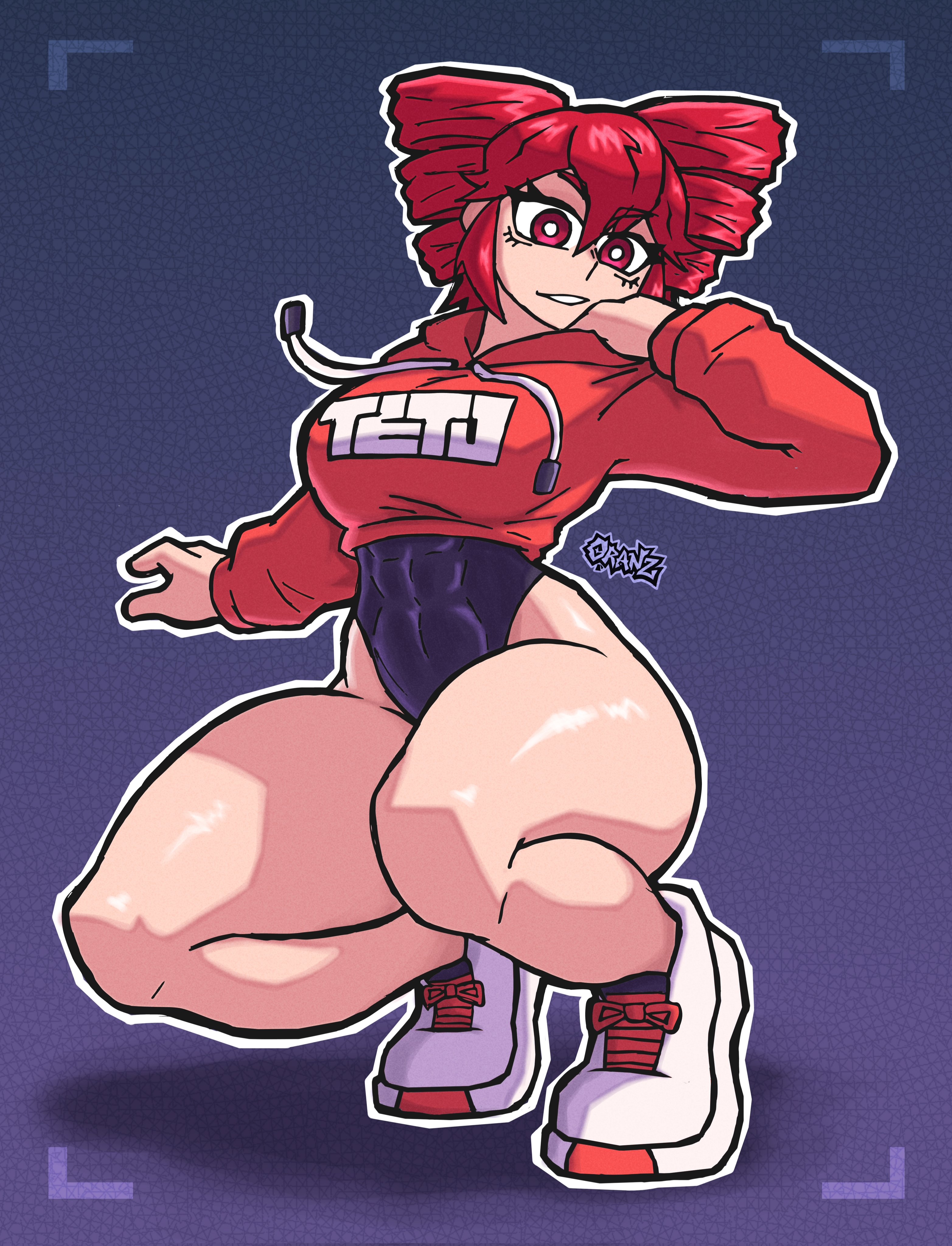abs, arm at side, ass visible through thighs, camera view, character name, cropped hoodie, hoodie, huge ass, kasane teto, large breasts, leotard, one arm up, oranzart, print hoodie, red hoodie, signature, skin tight, sneakers, squatting, streetwear, thick hips, thick thighs, utau, wide hips