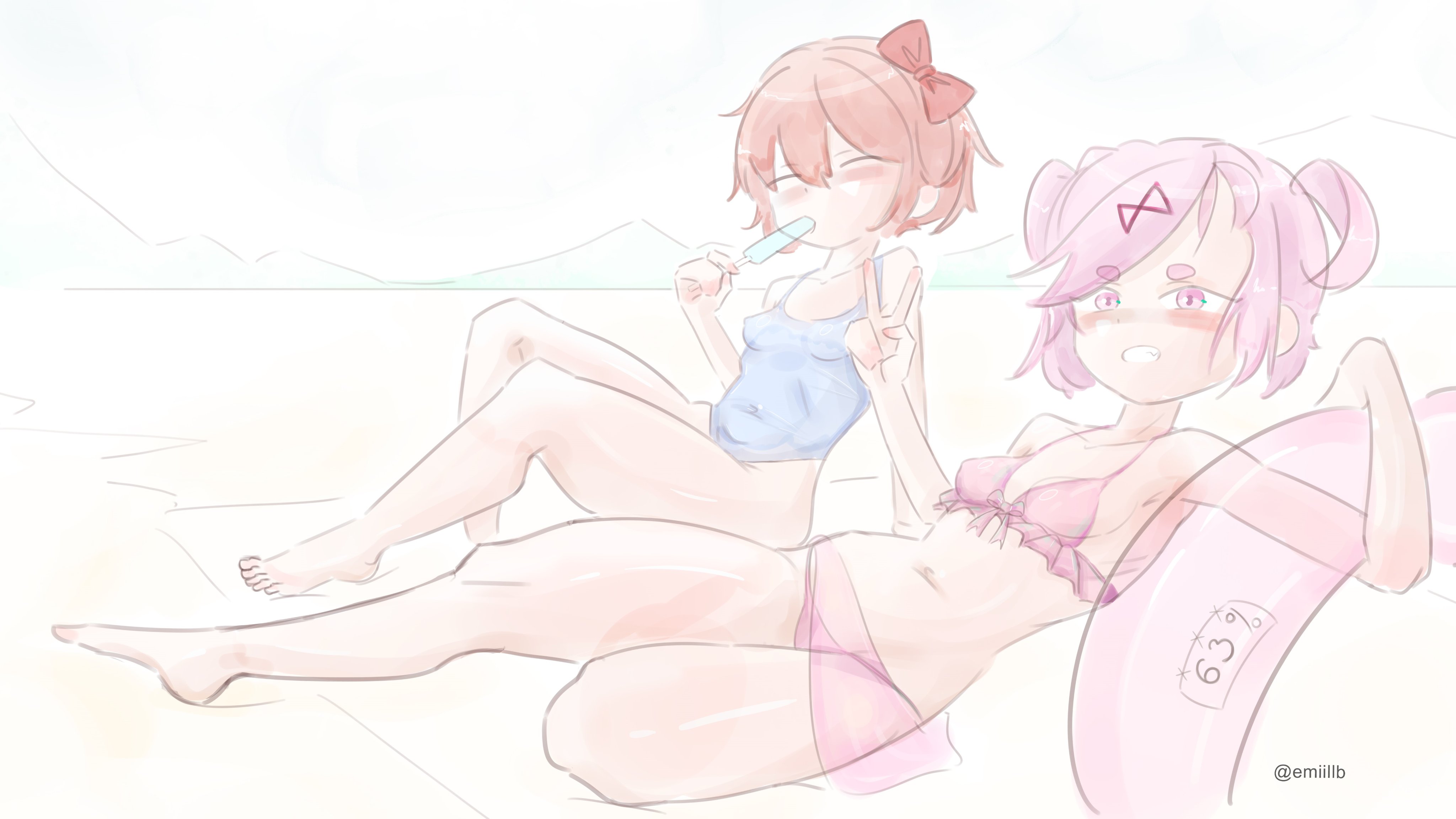 2girls, 5 fingers, 5 toes, artist name, bow, breasts, closed eyes, doki doki literature club, emiillb, eyes closed, feet, female, female only, human, multiple females, multiple girls, natsuki (doki doki literature club), pink eyes, pink hair, sayori (doki doki literature club), tummy, twitter username