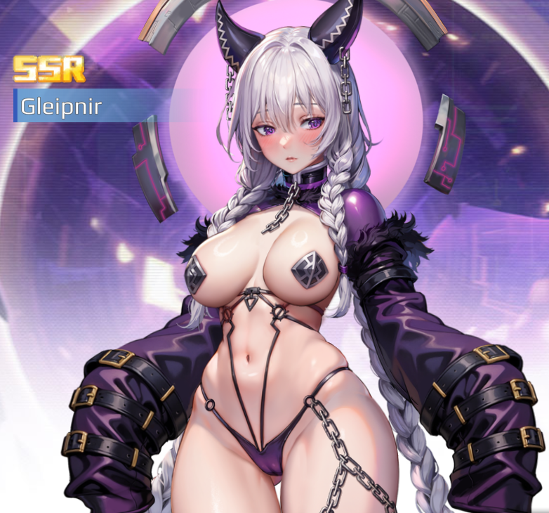 aeons_echo big_breasts breast_exposed breasts gleipnir horns purple_eyes pussy_outline white_hair