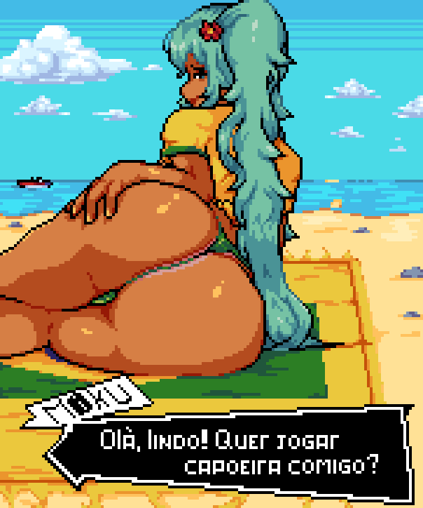 ass ass_focus baldur_89 beach big_ass bikini brazil brazilian brazilian_female brazilian_miku dialogue flirting flower green_eyes green_hair hatsune_miku looking_at_viewer looking_back lying lying_on_side pixel_art ponytail rose sea seaside vocaloid