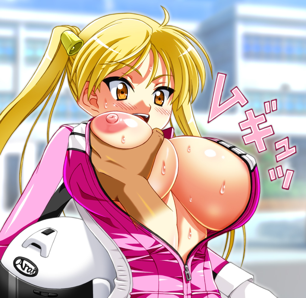 1girls areolae bakuon!! big_breasts biker_clothes bikesuit blonde_hair blush bodysuit breast_grab breasts female female_focus grabbing grabbing_another's_breast groping hair_ornament helmet huge_breasts izta japanese_text kumashiro_izuta large_breasts motorcycle_helmet nipples open_clothes open_mouth orange_eyes rin_suzunoki solo_focus suzunoki_rin sweat sweaty_breasts twintails unworn_headwear unzipped unzipped_bodysuit