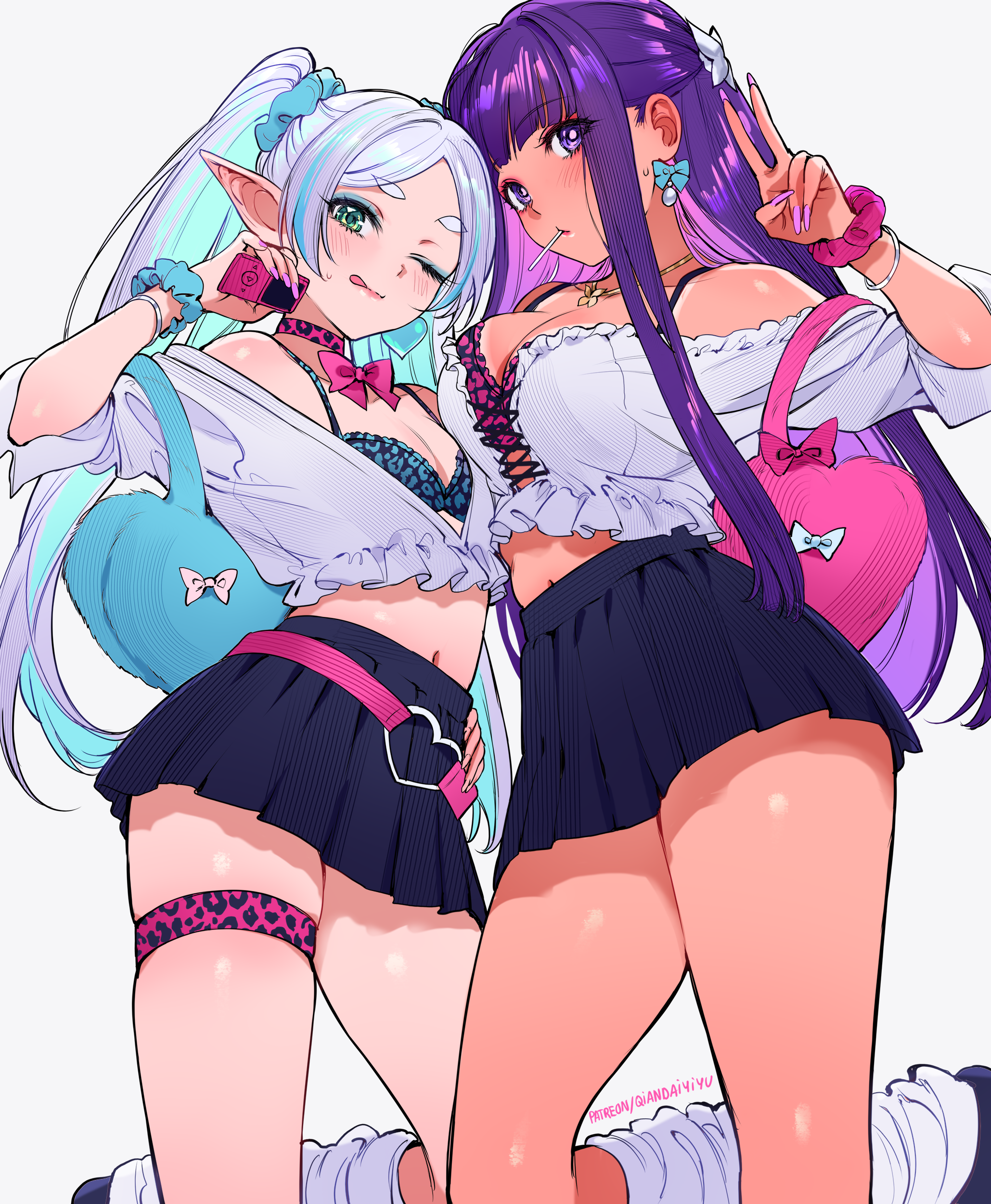 ;q, 2girls, absurdres, alternate costume, animal print, bag, bare legs, bare shoulders, blue bow, blush, bow, bowtie, breasts, choker, contemporary, digital media player, earrings, elf, fake nails, female, fern (sousou no frieren), frieren, green eyes, gyaru, highres, holding, holding bag, jewelry, kogal, large breasts, leopard print, lollipop in mouth, loose socks, midriff, miniskirt, multiple females, multiple girls, navel, one eye closed, paid reward available, pink bow, pink bowtie, pointy ears, purple eyes, purple hair, qiandaiyiyu, scrunchie, shirt, skirt, small breasts, socks, sousou no frieren, tan, thigh strap, thighs, tongue, tongue out, twintails, white bow, white hair, white shirt, white socks, wrist scrunchie