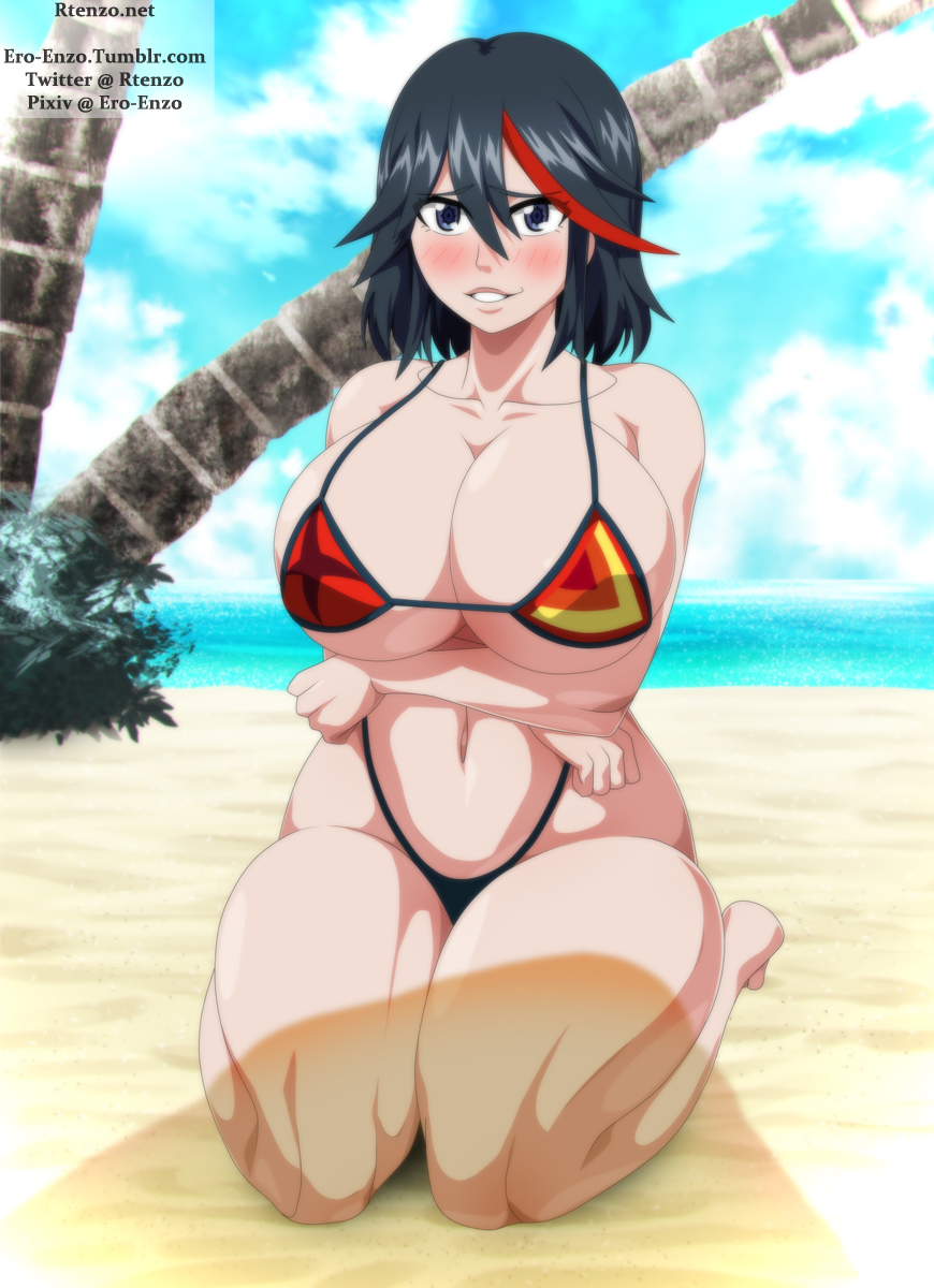 1girls, bare shoulders, barefoot, beach, big breasts, bikini, bikini bottom, bikini top, black hair, blue eyes, blush, breasts, busty, curvy, day, detailed background, ero-enzo, female, female only, front view, huge breasts, human, kill la kill, kneeling, looking at viewer, matoi ryuuko, midriff, outdoors, outside, pose, posing, rtenzo, sand, shadow, shiny, shiny skin, short hair, skimpy, smile, swimsuit, thick thighs, tree, water