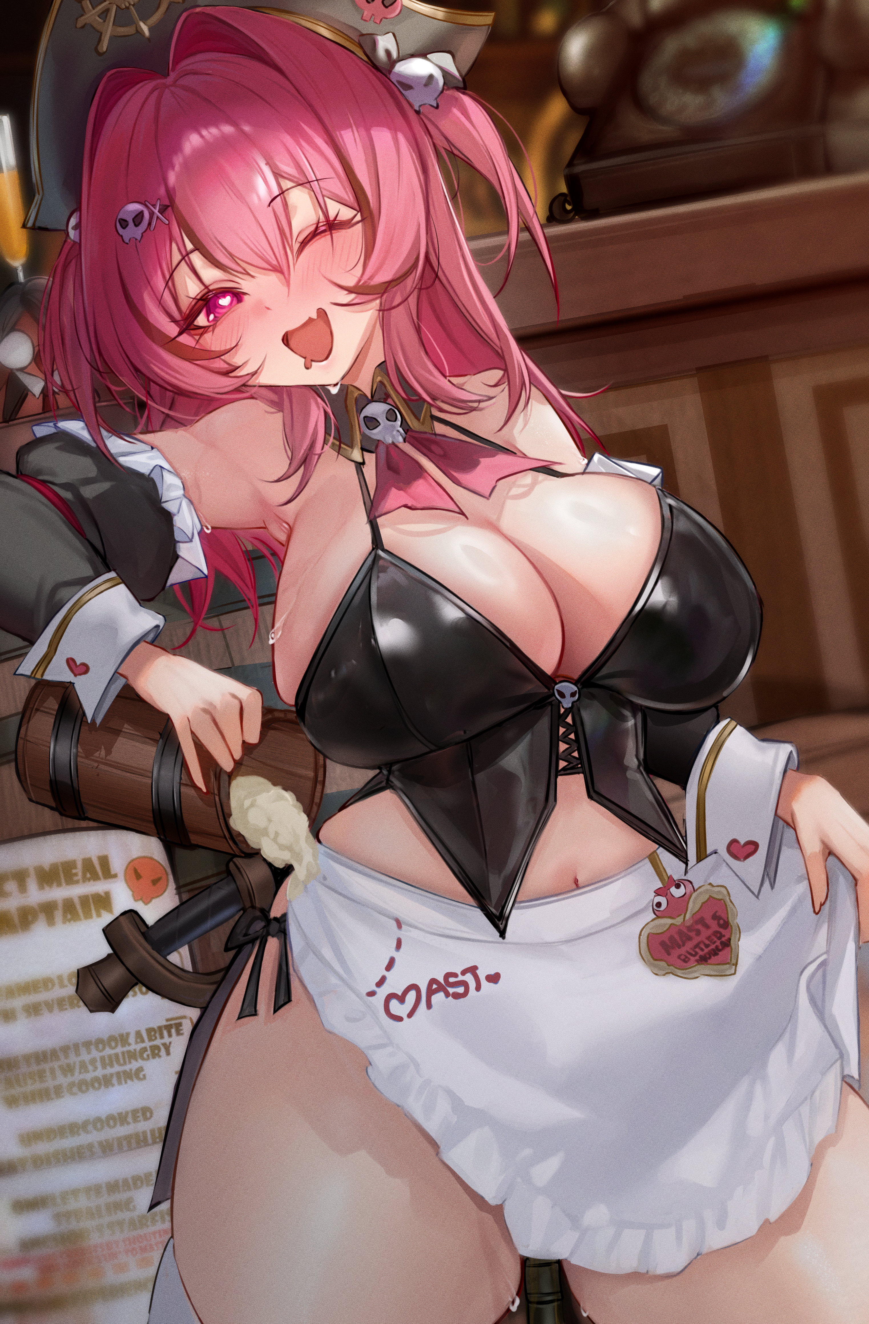absurdres, antique phone, apron, ascot, barrel, beer mug, bicorne, black collar, black hat, black panties, black sleeves, blush, boots, bottle, breasts, cleavage, close-up, collar, collarbone, cup, cute fang, detached collar, detached sleeves, female, goddess of victory: nikke, hair ornament, hairclip, hat, heart, heart-shaped pupils, highres, huge breasts, kiyoi (gyhw8444), kneeling, long hair, mast (nikke), mast (romantic maid) (nikke), mug, navel, one eye closed, open mouth, panties, phone, pink hair, pirate hat, purple eyes, red ascot, rotary phone, side-tie panties, sideboob, skin fang, skull choker, skull ornament, smile, solo, symbol-shaped pupils, thigh boots, thighs, underwear, waist apron, white apron, wine bottle