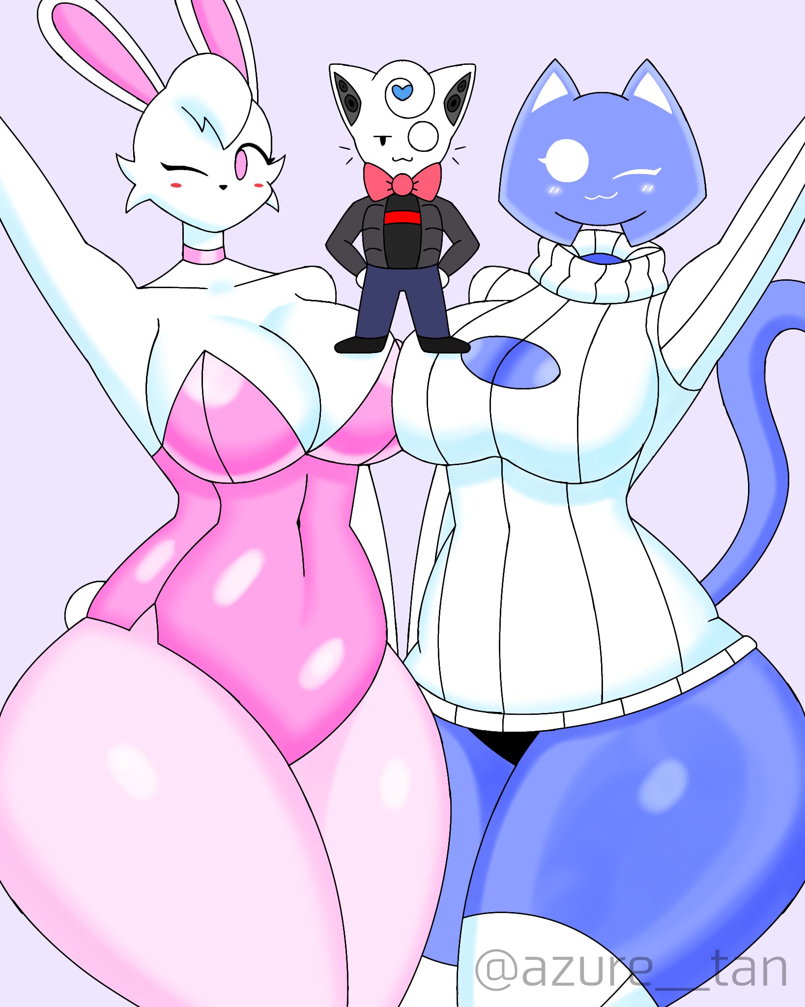 2girls, asthma tan, azure tan, big breasts, breasts, bunnysuit, clyde (discord), discord, discord (app), discord logo, female, hands up, oc, ocs, pressing breasts together, thick thighs, thighs