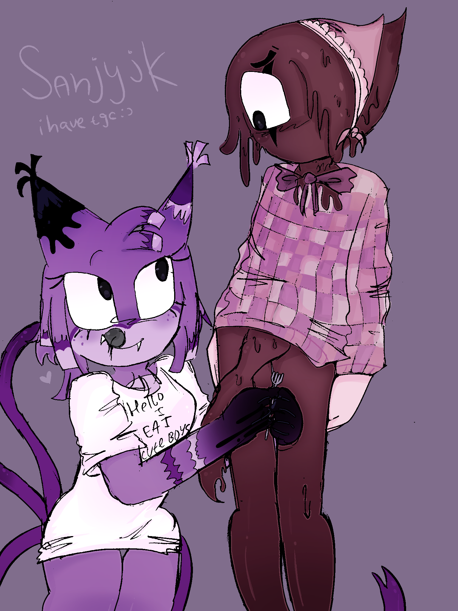 1boy, 1girls, blot (dandy's world), cozy pink blot, crossdressing, crossdressing (mtf), crossdressing male, dandy's world, dandys world, dressed, fangs, female, femboy, flirting, food, fork, gay, gay male, guess what i eat yatta, hungry, ink, male, mime, one eye covered, purple fur, roblox, shy, standing, tagme, tentacle, tongue, white shirt, yatta (dandy's world)