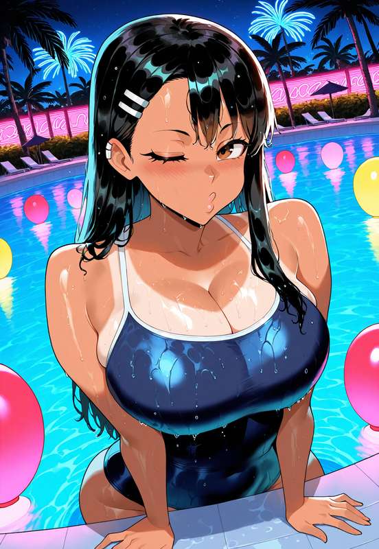 1girls, ai generated, black hair, blush, brown eyes, female, hair, hayase nagatoro, long hair, please don't bully me, nagatoro, pool, solo, solo female, swimsuit, tan body, tan skin, tanned, tanned female, tanned skin, thick thighs, thighs, vaporeeoniteai